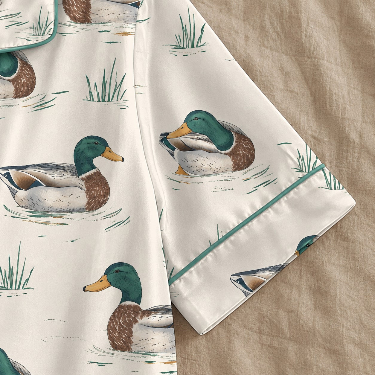 Mallard duck print and pajama fabric detail