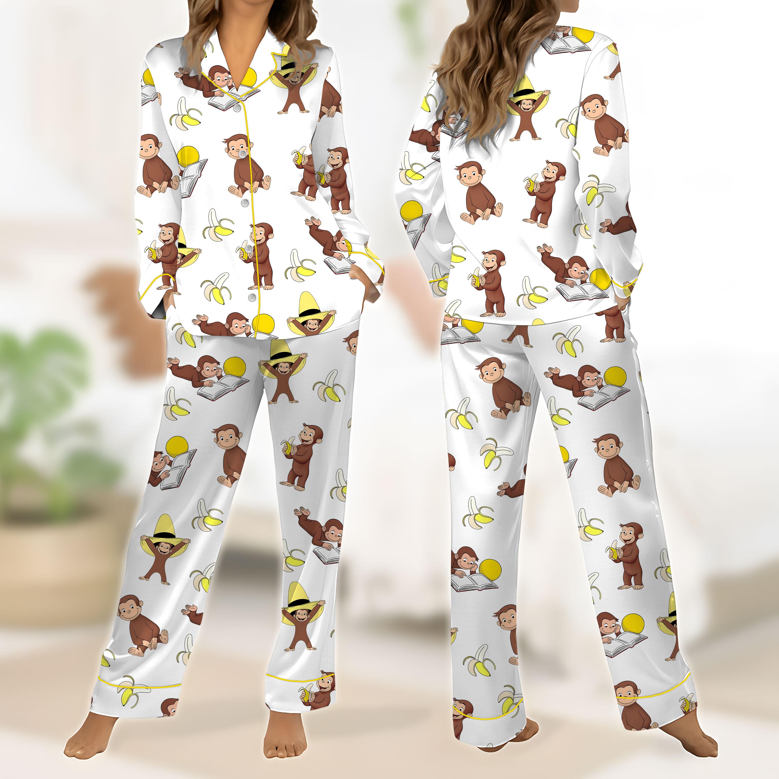 Women's Monkey Banana Print Pajama Set , Cute Monkey & Banana All-Over Print Lapel Collar Button-Front Shirt & Elastic Waist Pants, All-Season Sleepwear