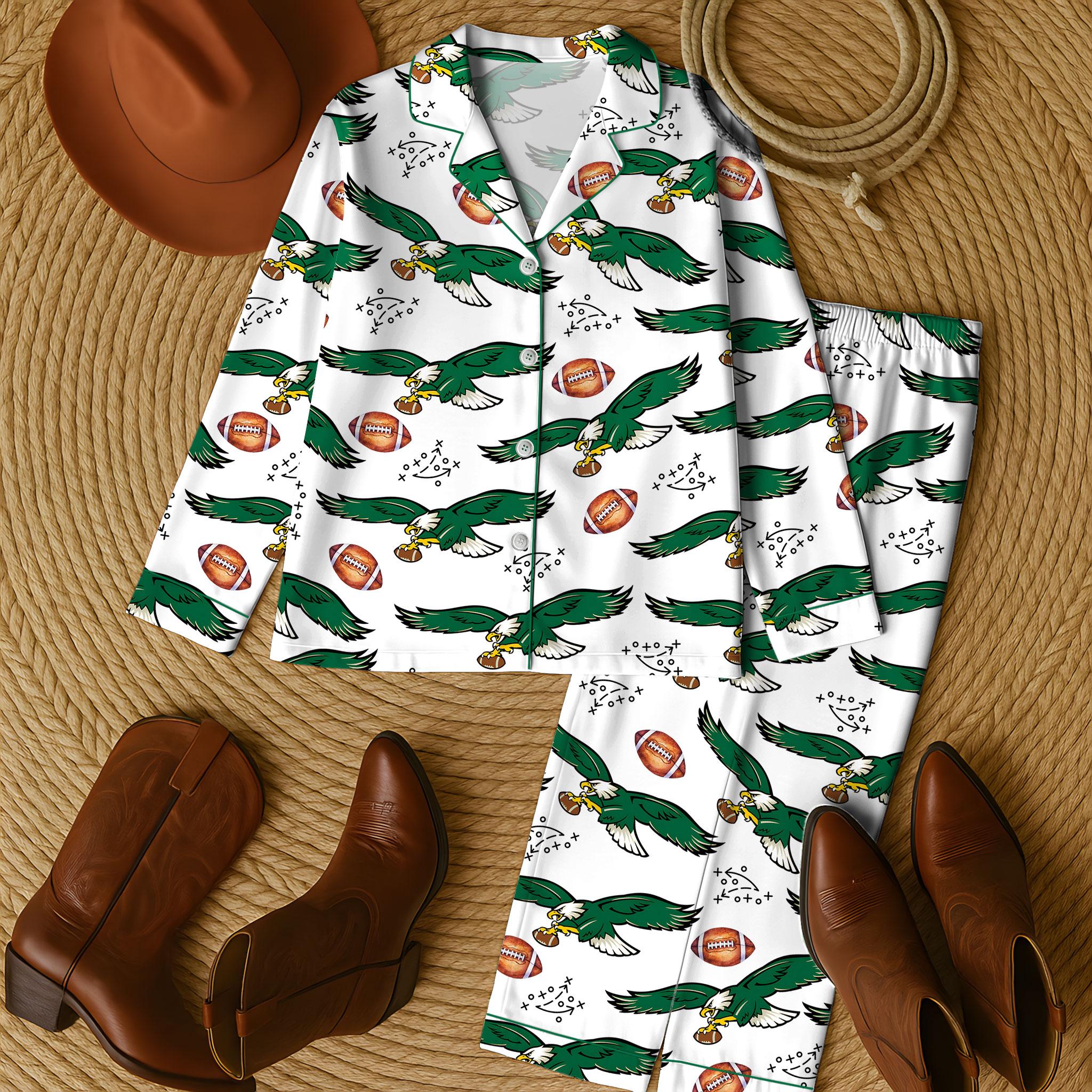 Women’s Green Bird Graphic Pajama Set Button Down Short Sleeve Sleep Set with Pockets, Eagle Sleepwear, Gift For Boyfriend