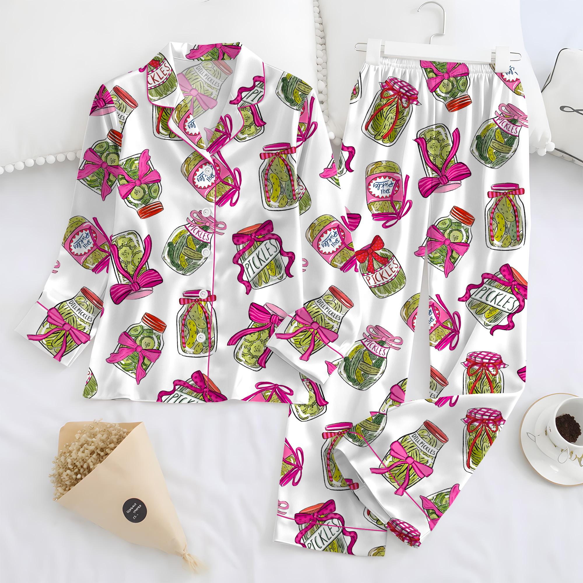 Pickle Satin Pajama Set, Women’s Pickle Lover Pink Bows Pajama Set, Sleepwear Gifts Nightwear Pajama Satin Long Pants