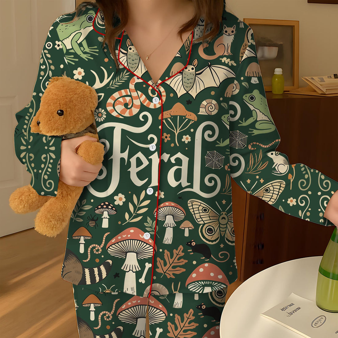 Feral Goblincore Cute Skeleton Moss & Raccoon Nature Lover Satin Pajama Set, Pajama Set Women’s Gifts For Her Feral Goblincore Meme Funny