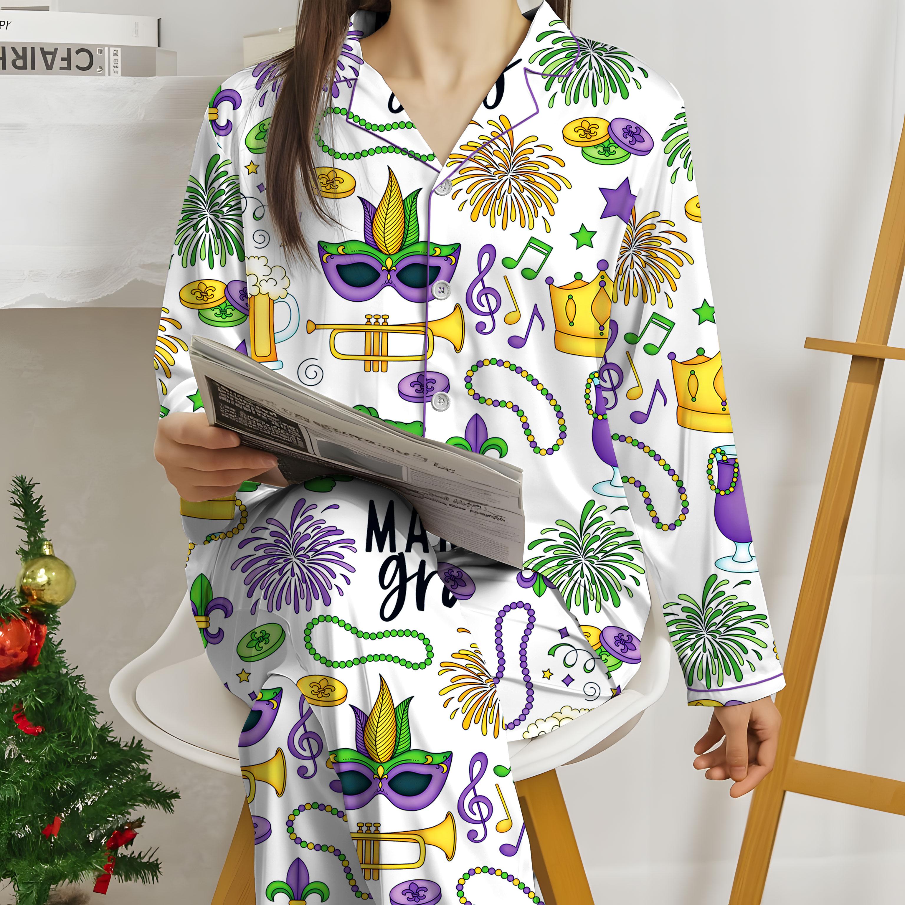 Mardi Gras Carnival Pajamas Set, Pajamas Pants, Mardi Gras Pajama For Women Men, New Orleans Cruise Holiday Pajamas, Coquette Pajamas