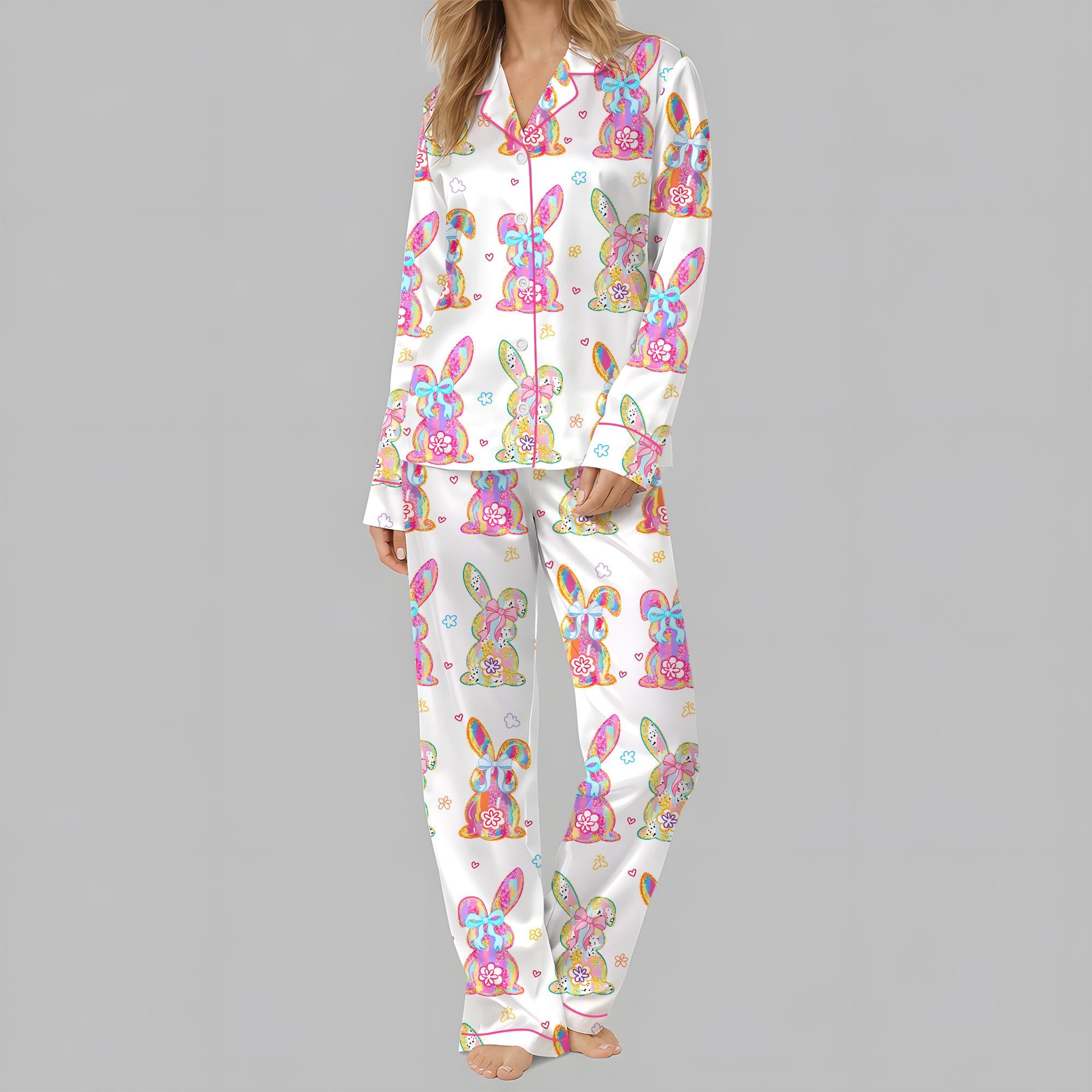 Women’s Happy Easter Coquette Girly Bunny Long Sleeve Satin Pajama Set, Gift For Girlfriends