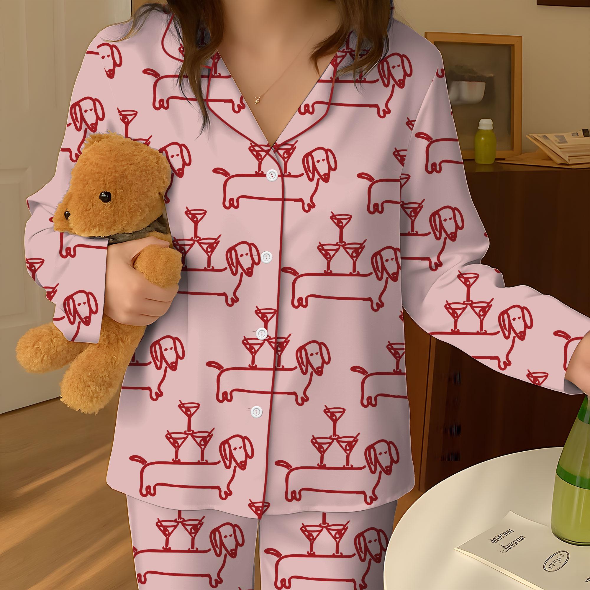 Women’s Dachshund Pajama Set, Martini & Weenies Print, Short Sleeve Satin Sleepwear, Dog Pajama, PJs Family, Pajama Gifts for Her
