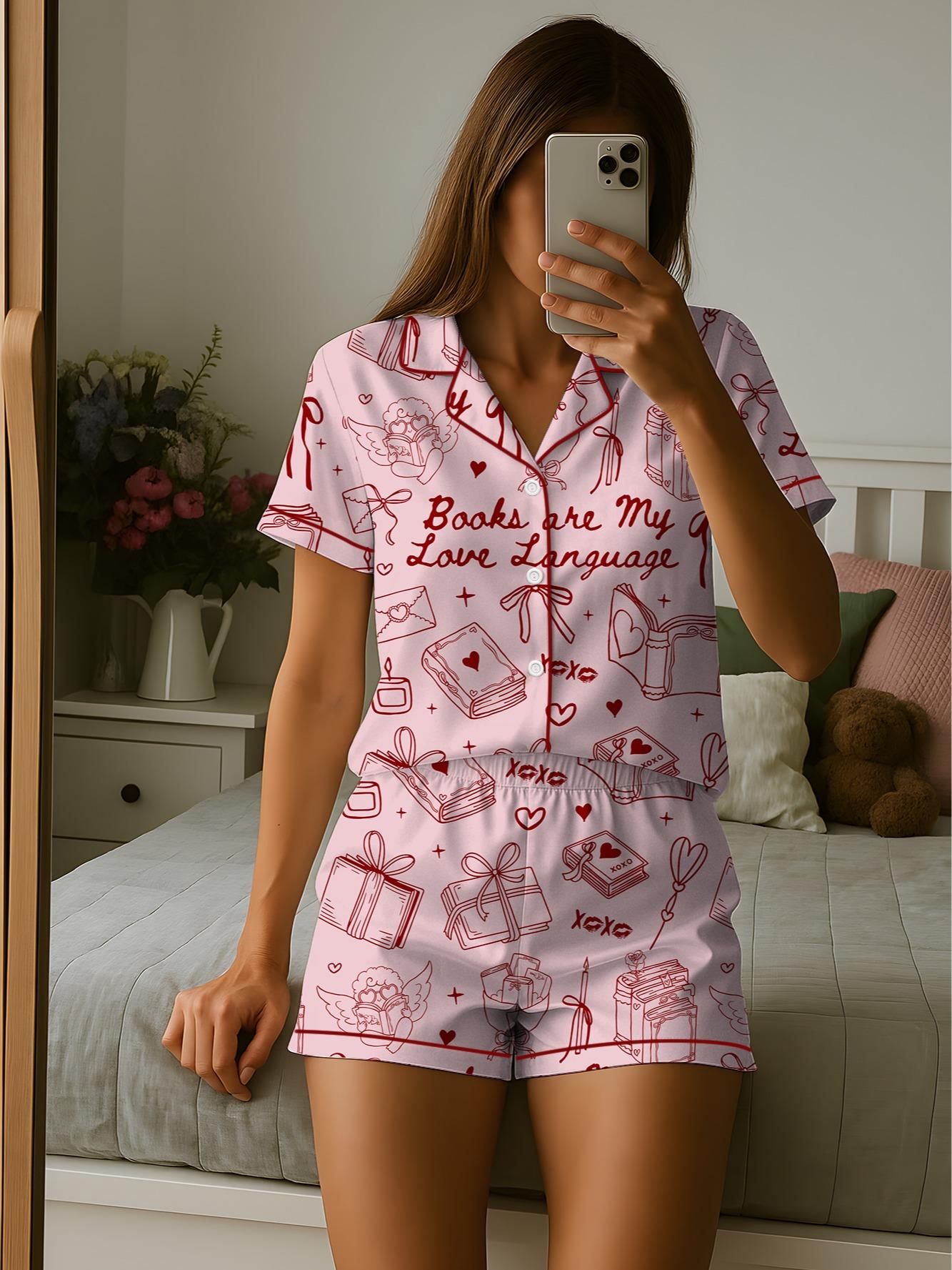 Books Are My Love Language Satin Pajama Set, Book Lover Valentine Sleepwear, Cozy Bookish Pajamas Gift