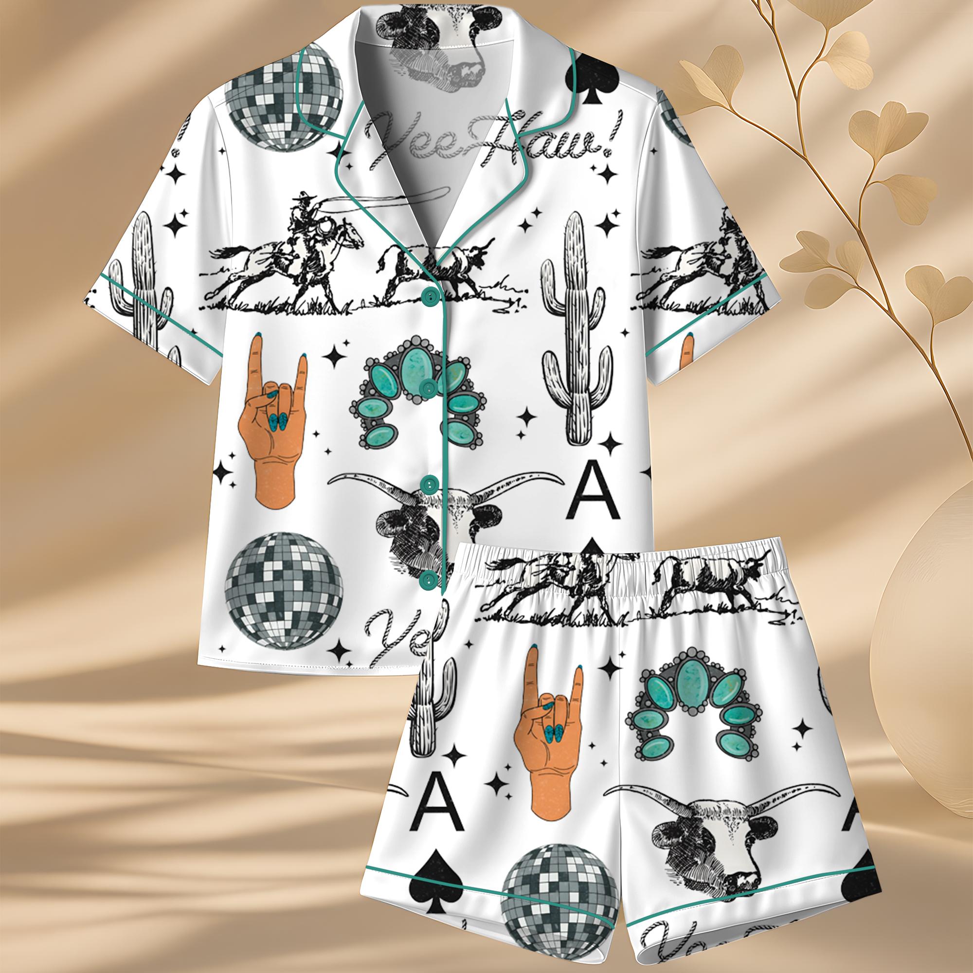 Cute Western Things Sublimation Cowgirl Spade Rodeo Satin Pajama Sets for Women, Western Print, Short Sleeve Top & Shorts, Comfortable Summer Sleepwear Set