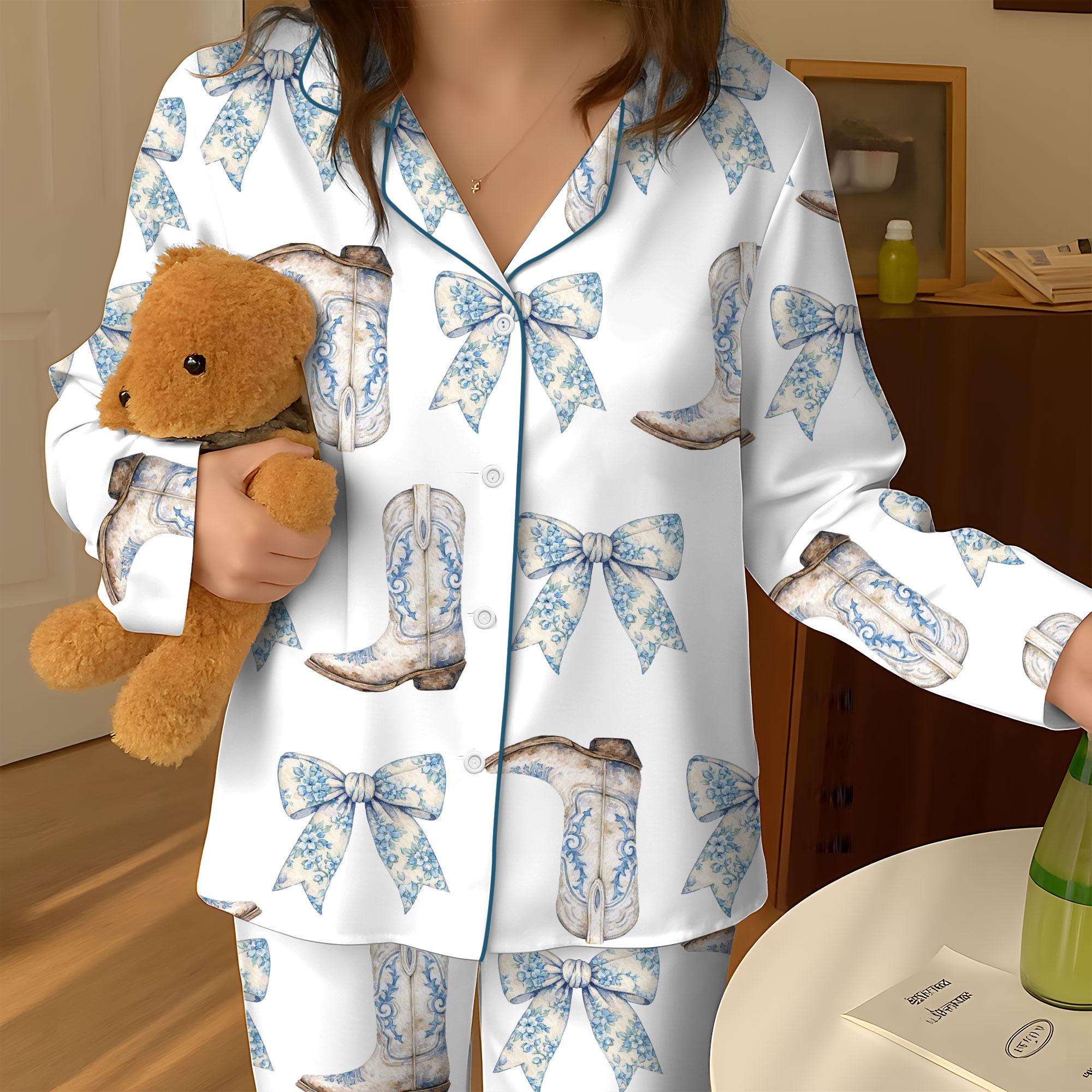 Coquette Blue Bow And Boots Cowgirl Short Sleeve Satin Pajama Set, Cowboy Boots Pajamas Shirt, Holiday Party Pajama Gift Family Women Men