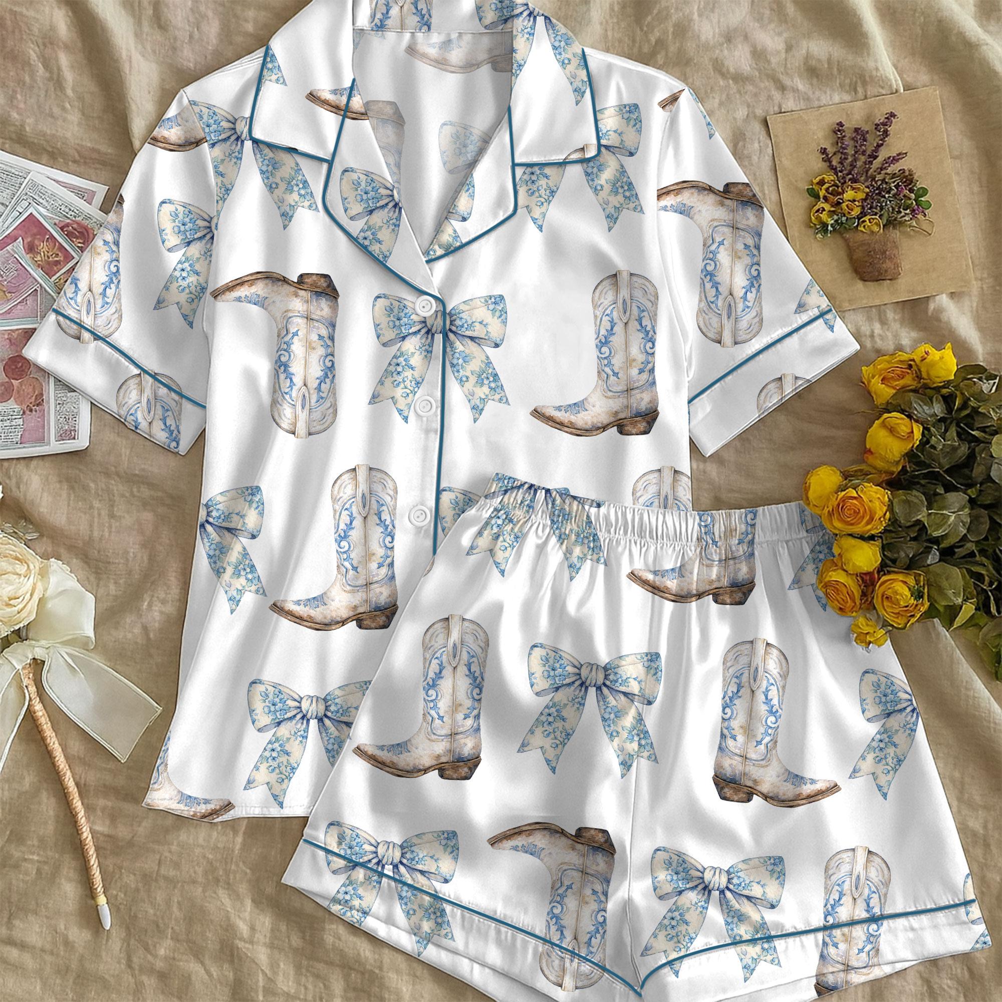 Coquette Blue Bow And Boots Cowgirl Short Sleeve Satin Pajama Set, Cowboy Boots Pajamas Shirt, Holiday Party Pajama Gift Family Women Men