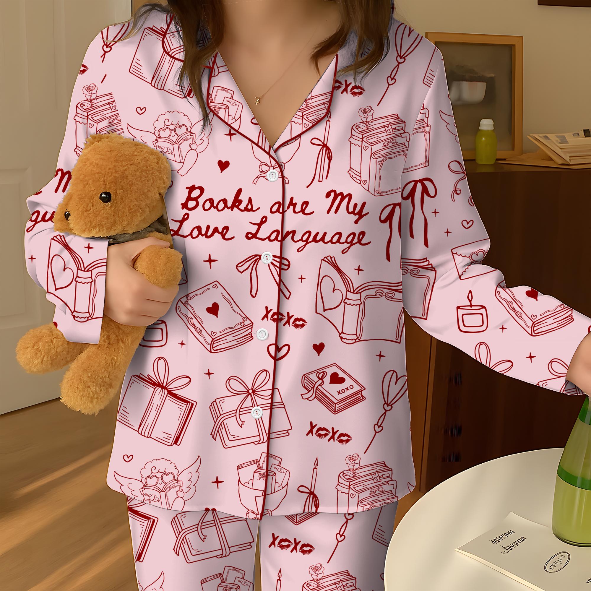 Books Are My Love Language Satin Pajama Set, Book Lover Valentine Sleepwear, Cozy Bookish Pajamas Gift