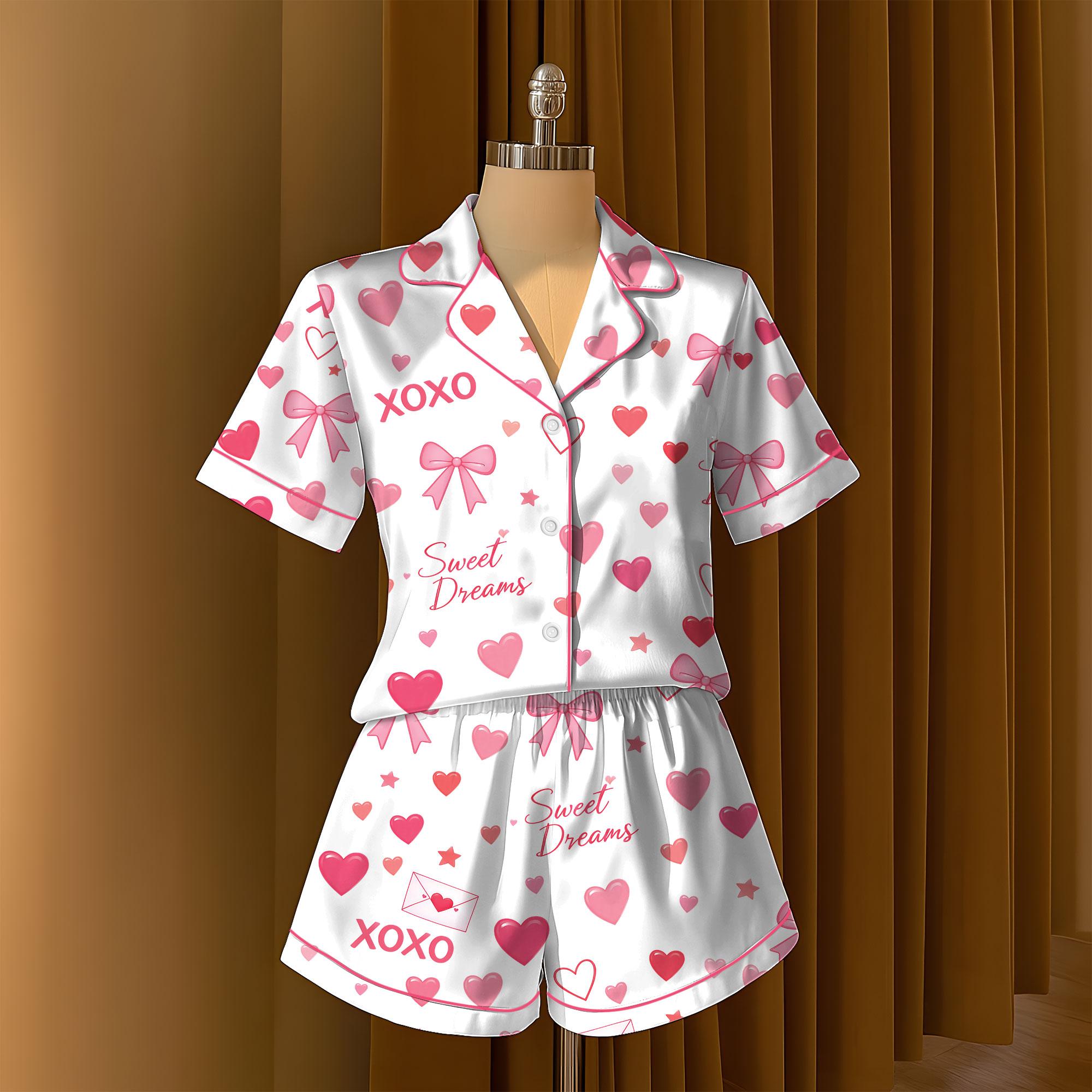 Valentine Heart Satin Pajama Set, Pink XOXO Button Up Sleepwear, Romantic Cozy PJs Gift for Her