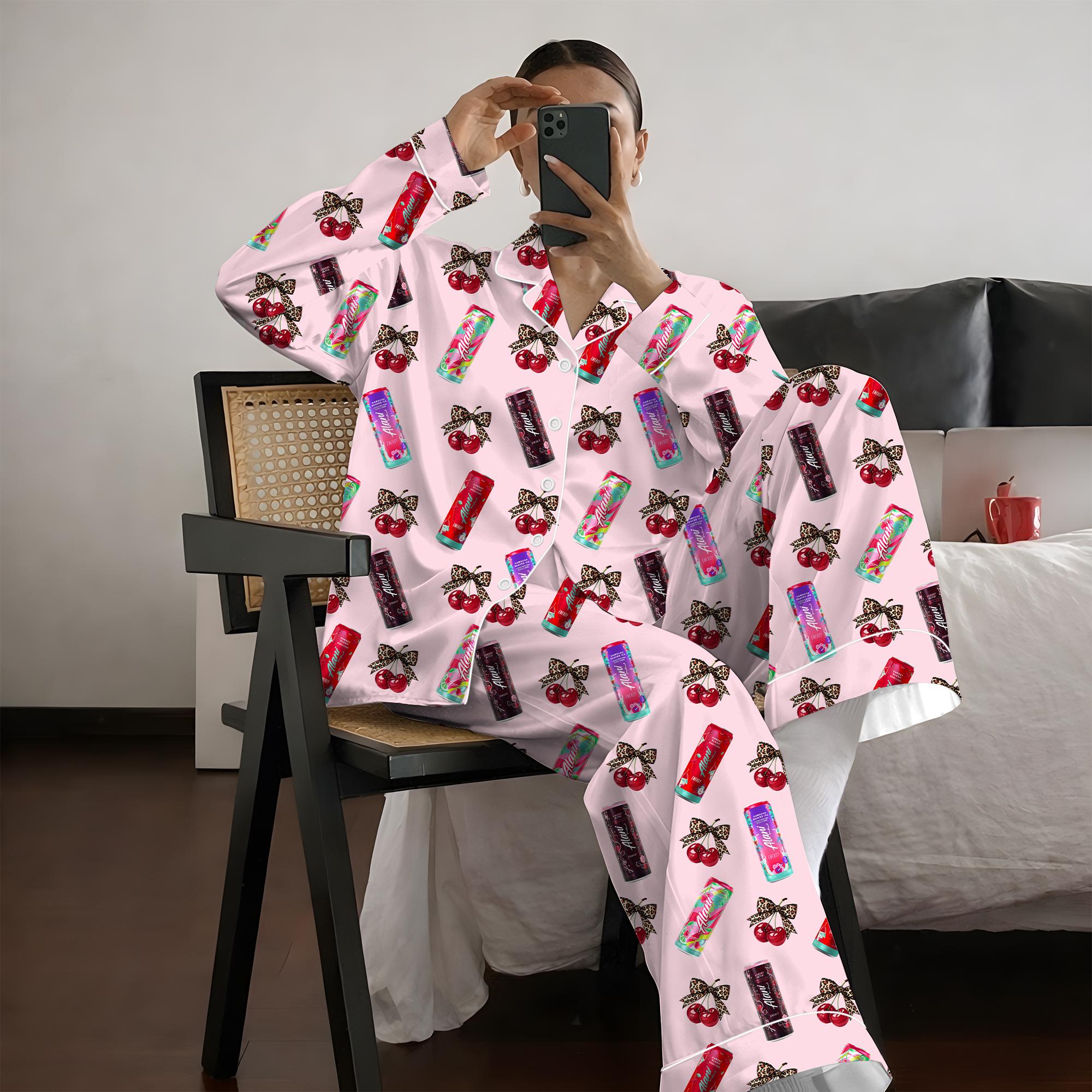Energy Drink Pajama Set for Women, Satin Summer Sleepwear, Colorful Drink Print Button Up Loungewear