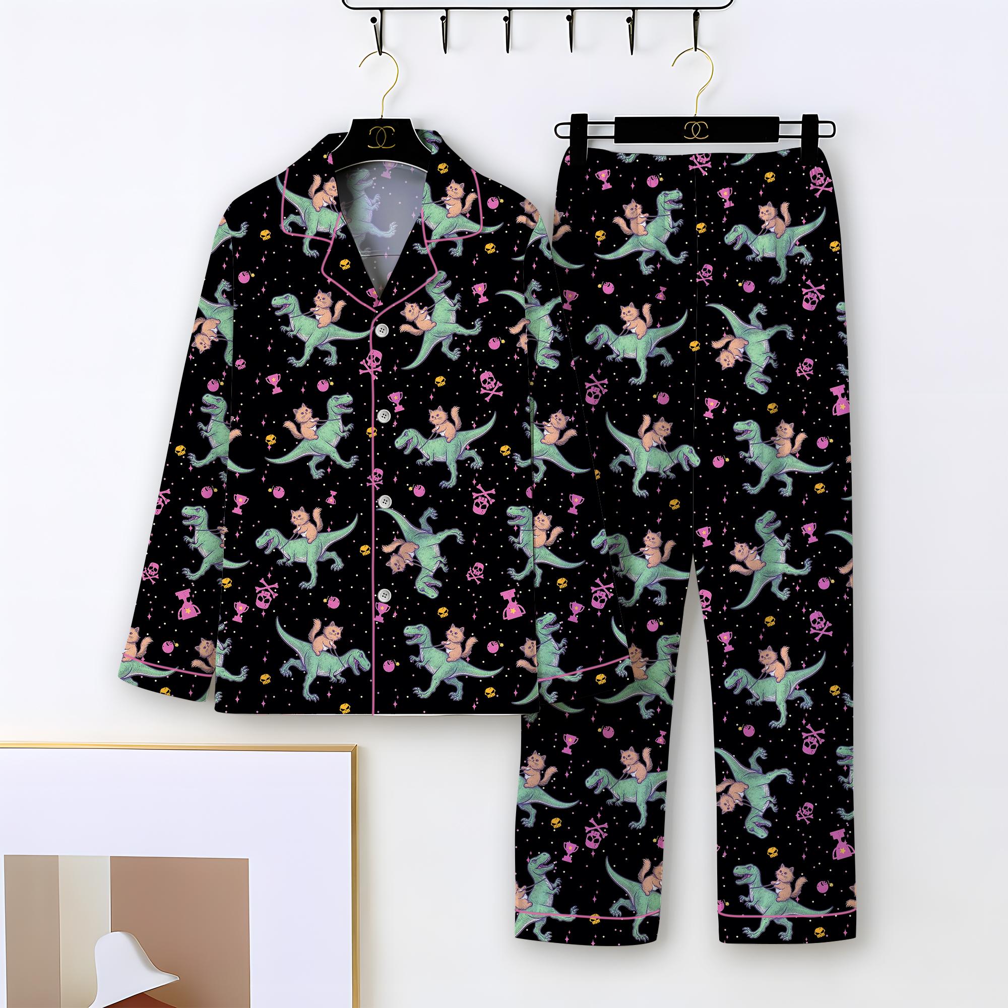 Princess Donut & Mongo Pajamas Set, Dungeon Crawler Carl Long Sleeve Pajamas, Funny Cat Dinosaur Sleepwear, Cozy Gamer Gift