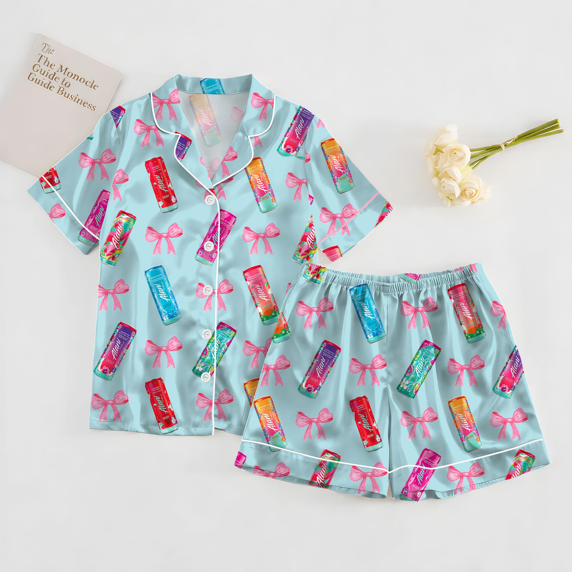 Energy Drink Satin Pajama Set for Women – Summer Drink Print Silky Button Up Sleepwear