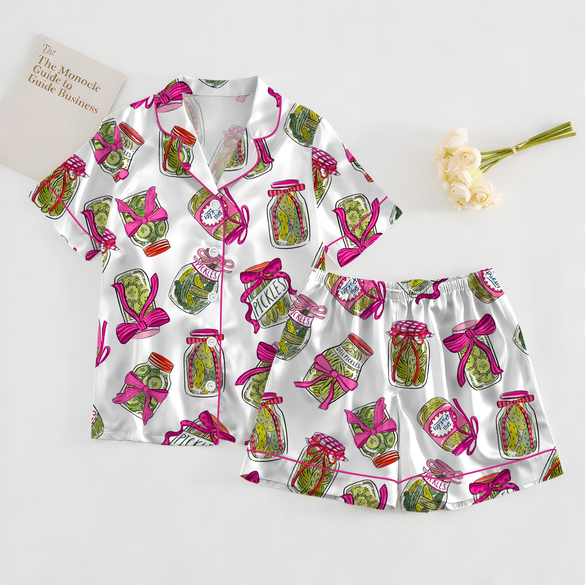 Pickle Satin Pajama Set, Women’s Pickle Lover Pink Bows Pajama Set, Sleepwear Gifts Nightwear Pajama Satin Long Pants