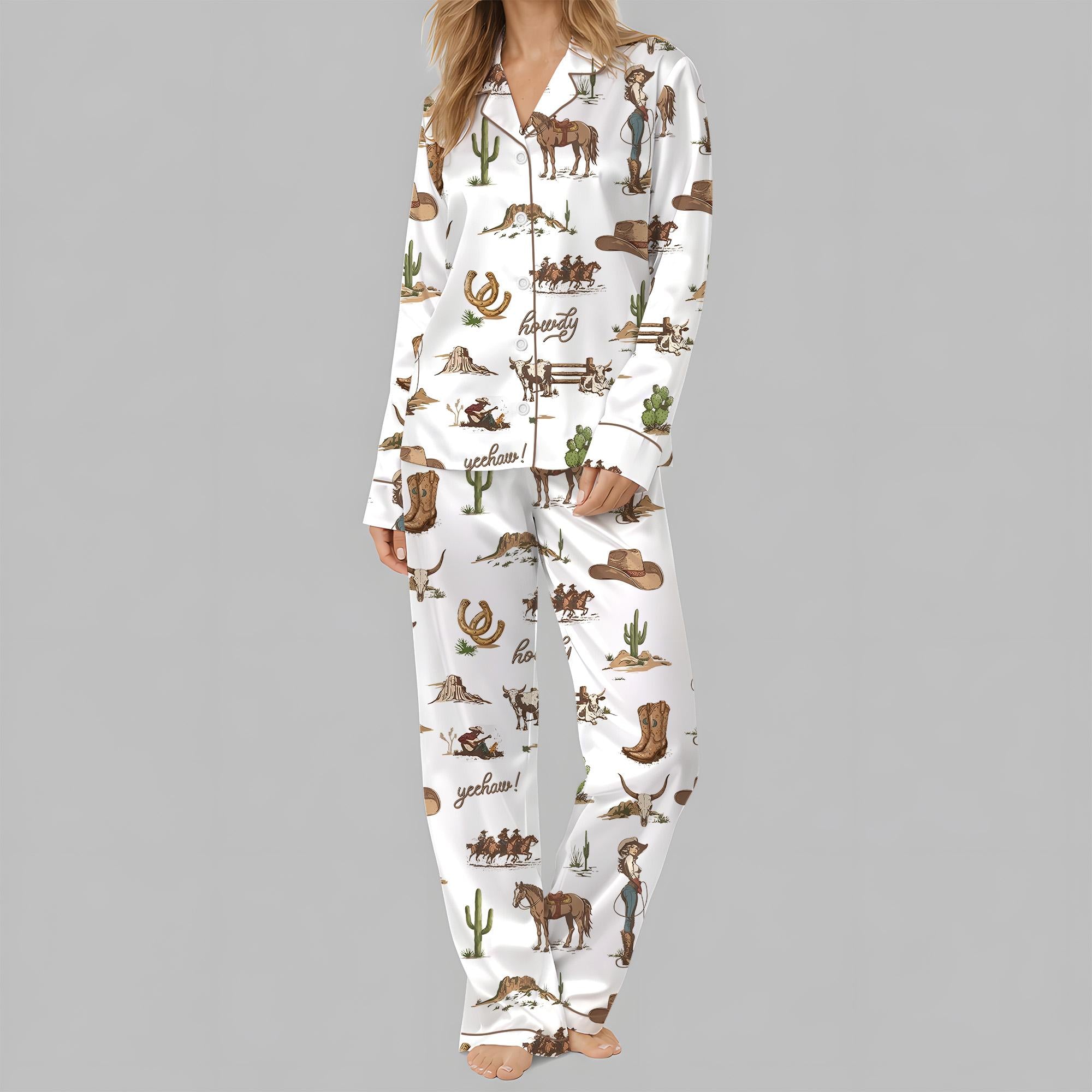 Cute Rustic Americana Western Satin Pajama Sets for Women, Vintage Cowboy Short Sleeve Top & Shorts, Comfortable Summer Sleepwear Set, Loungewear Pajama, Relaxing Sleeping Clothes