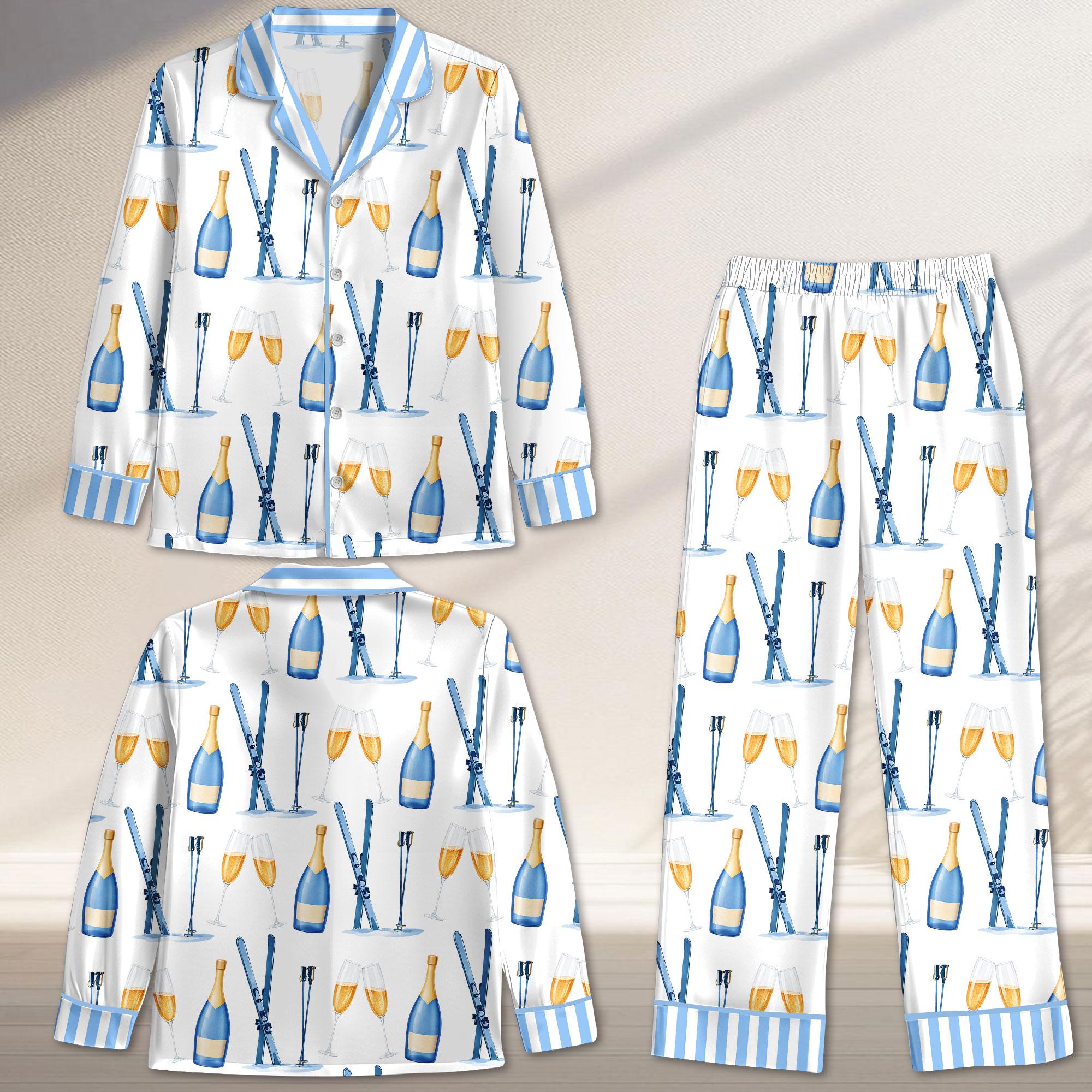 Apres Ski Champagne Pattern Satin Pajama Set For Women Long Lounge Set Sleepwear, Pajamas Set For Women , Champagne And Bows Wedding Pajamas
