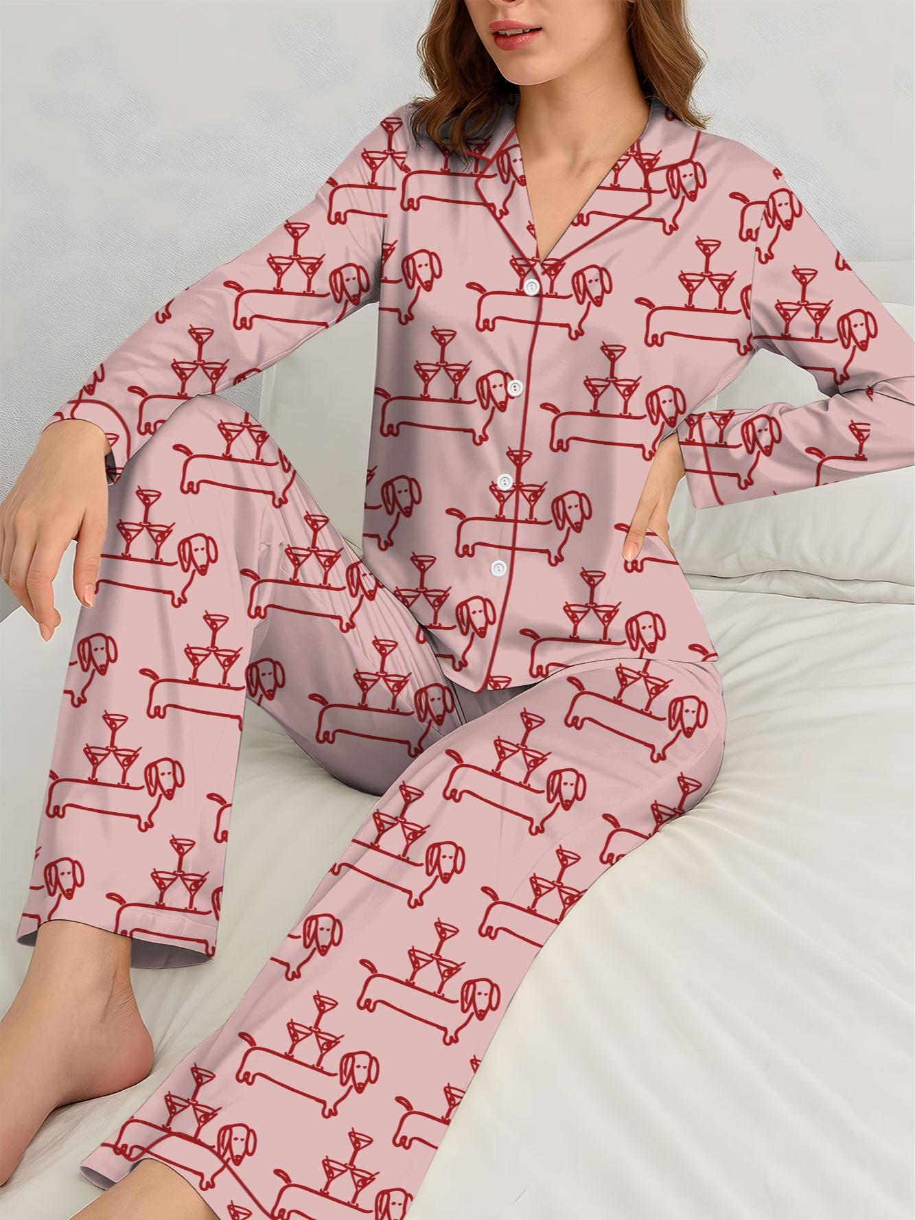 Women’s Dachshund Pajama Set, Martini & Weenies Print, Short Sleeve Satin Sleepwear, Dog Pajama, PJs Family, Pajama Gifts for Her