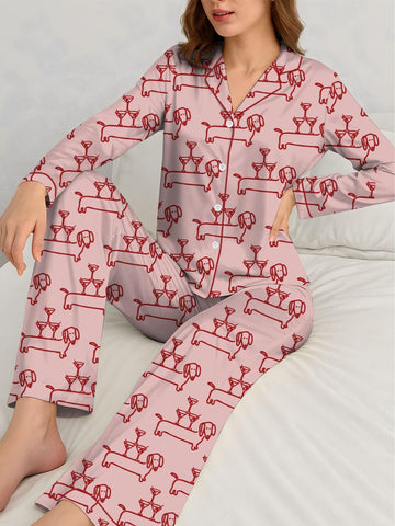 Women’s Dachshund Pajama Set, Martini & Weenies Print, Short Sleeve Satin Sleepwear, Dog Pajama, PJs Family, Pajama Gifts for Her