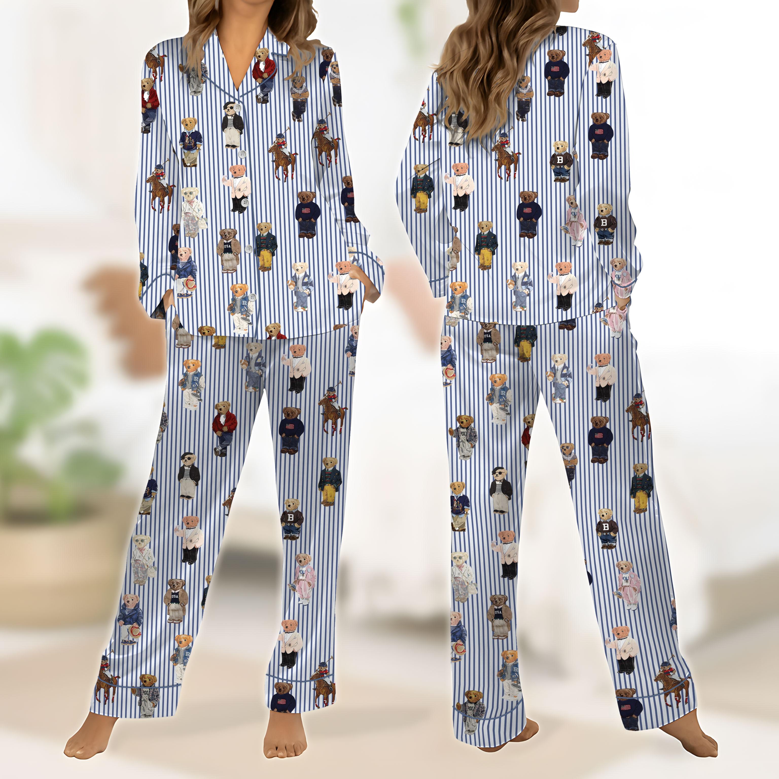 Pajamas Set for Women, Pajamas Bear Set for Women, Cute Bear Print Pajamas, Casual Long Sleeve Shirt & Elastic Pants, Soft Stretch Fabric, Comfortable