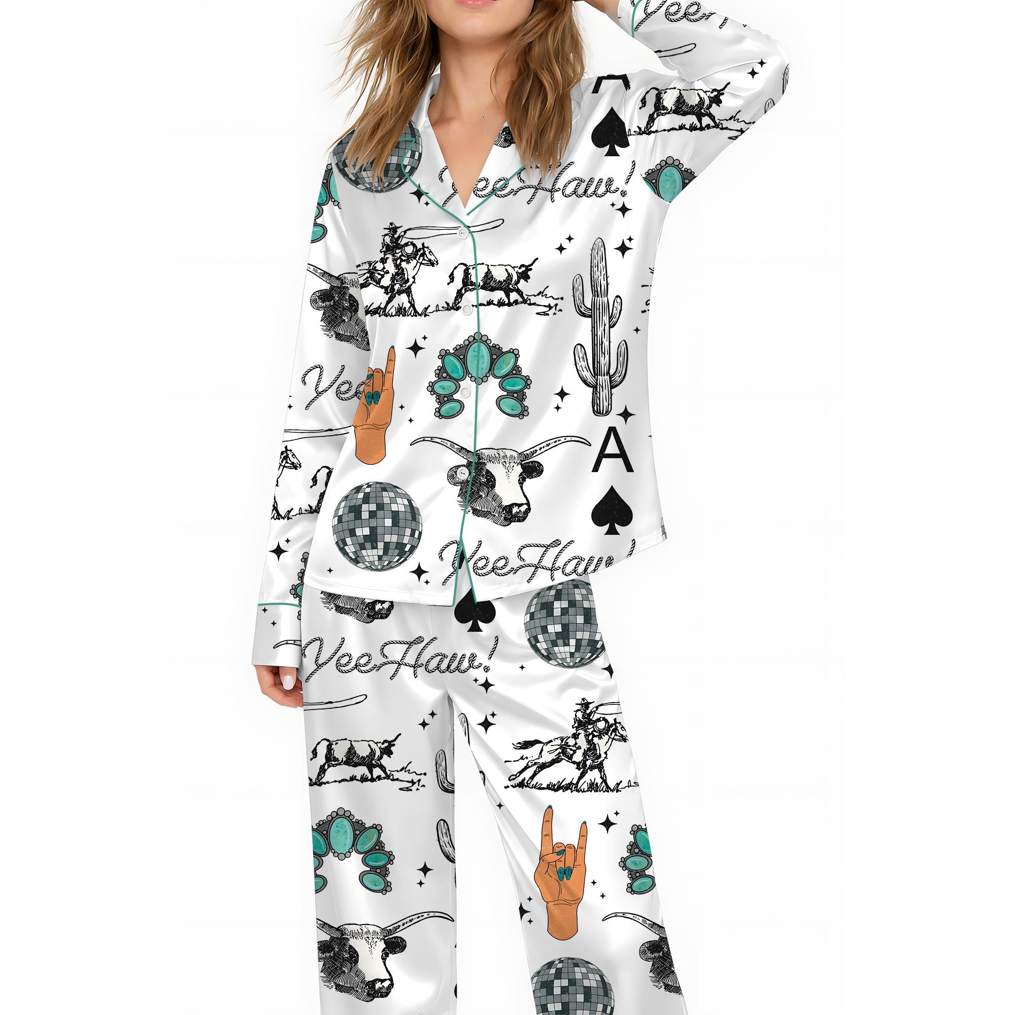 Cute Western Things Sublimation Cowgirl Spade Rodeo Satin Pajama Sets for Women, Western Print, Short Sleeve Top & Shorts, Comfortable Summer Sleepwear Set
