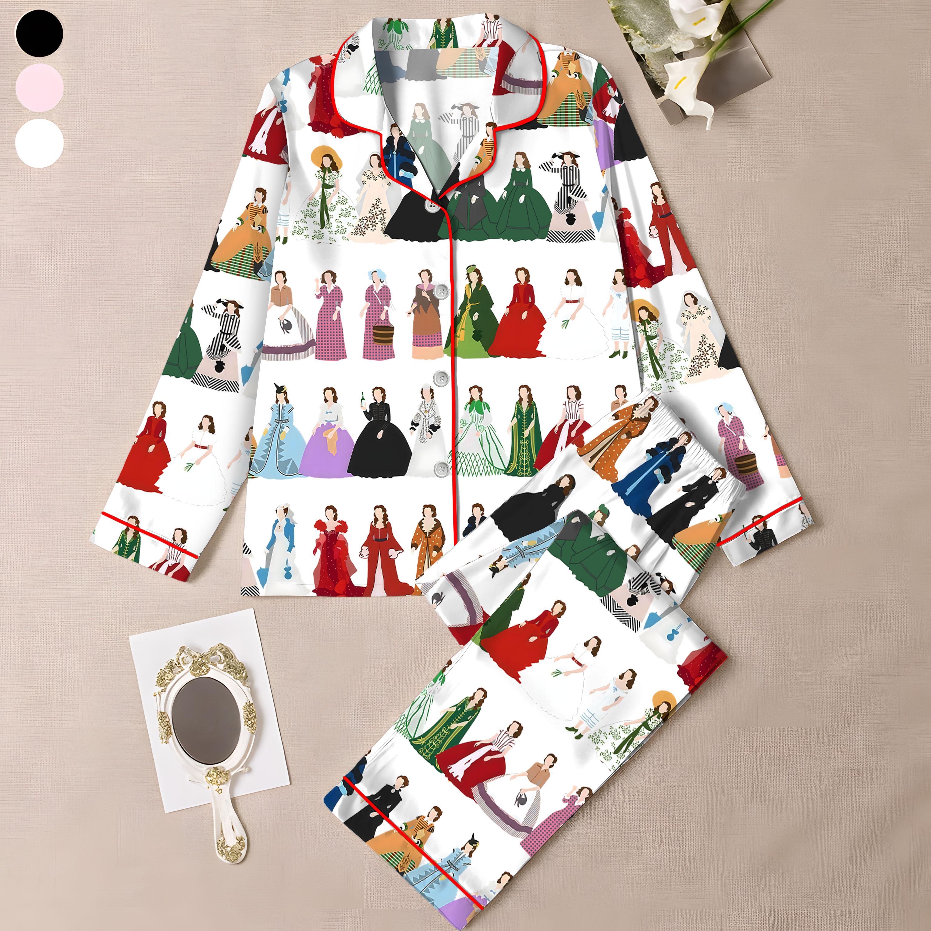 Scarlett O'Hara Dress Print Pajama Set, Vintage Gone With the Wind Sleepwear, Long Sleeve Satin PJs, Classic Movie Fan Gift