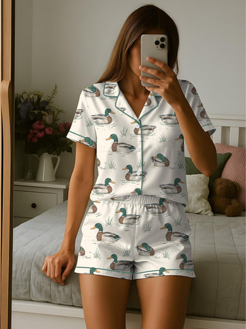 Watercolor Mallard Duck Duck Hunting Satin Pajama Set, Fun & Stylish Mallard Duck Sleepwear, Unique PJs with Design, Pajama Gift For Her
