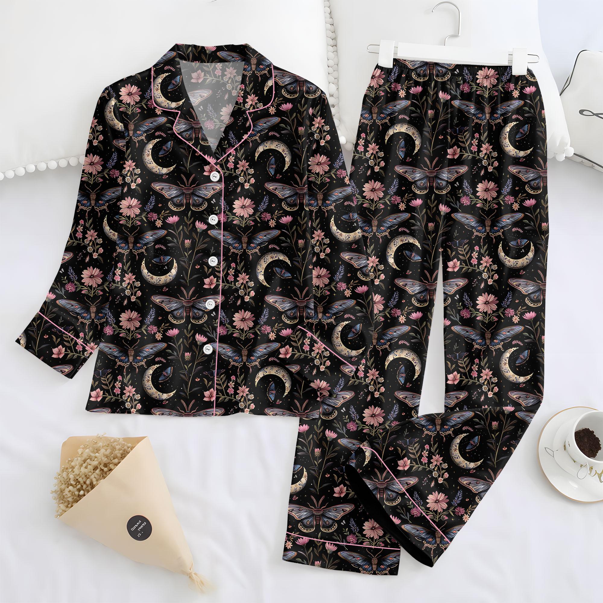 Witchy Floral Satin Pajamas Set, Night Garden Mystical Moth Magic Witchy Floral Satin Pajama Set, Halloween Magic Witchy Floral Pajama Sleepwear, Nighwear Set for Her