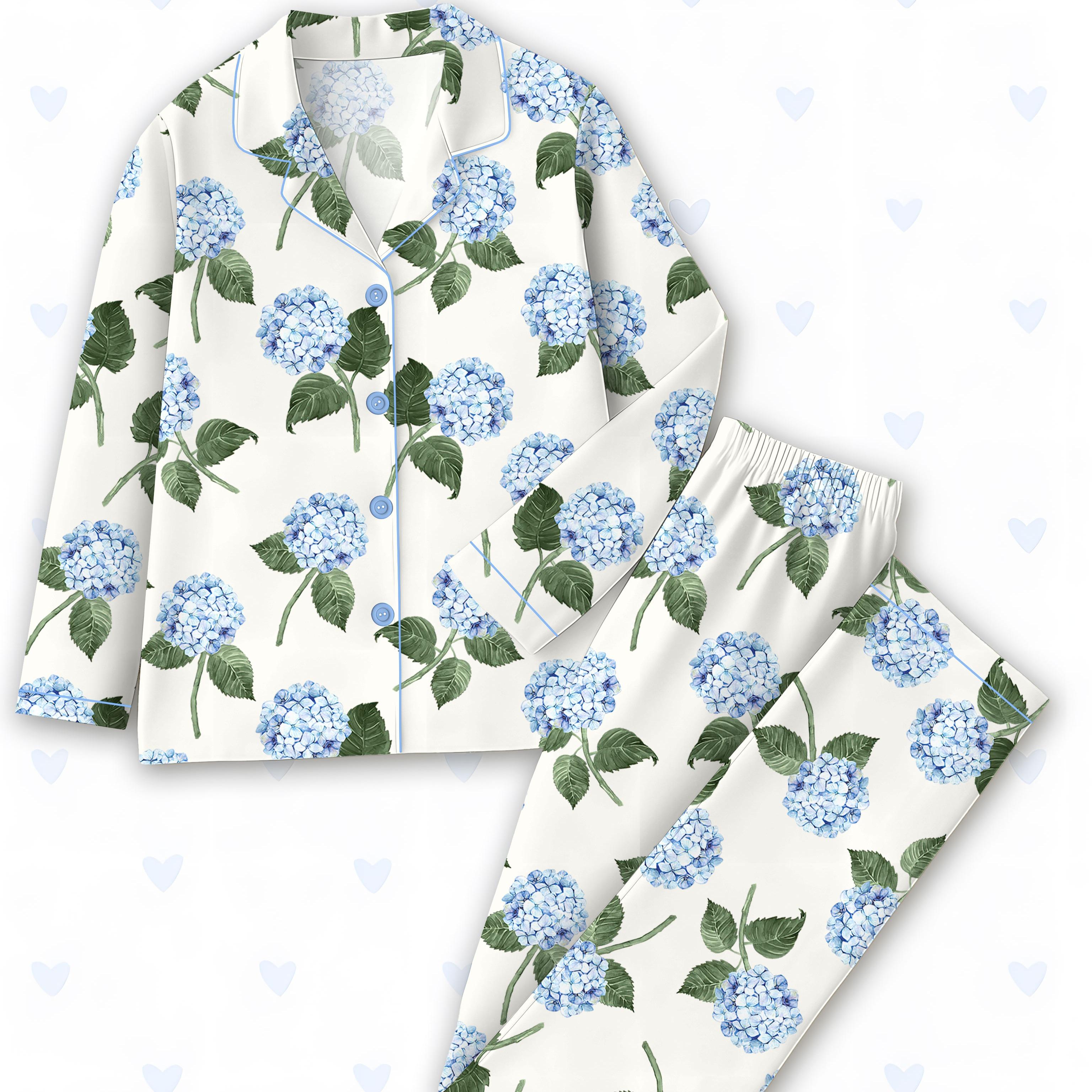 Women’s Hydrangea Bloom Blue Hydrangea Watercolor Flower Short Sleeve Satin Pajama Set, Long Sleeve Satin Pajama Set
