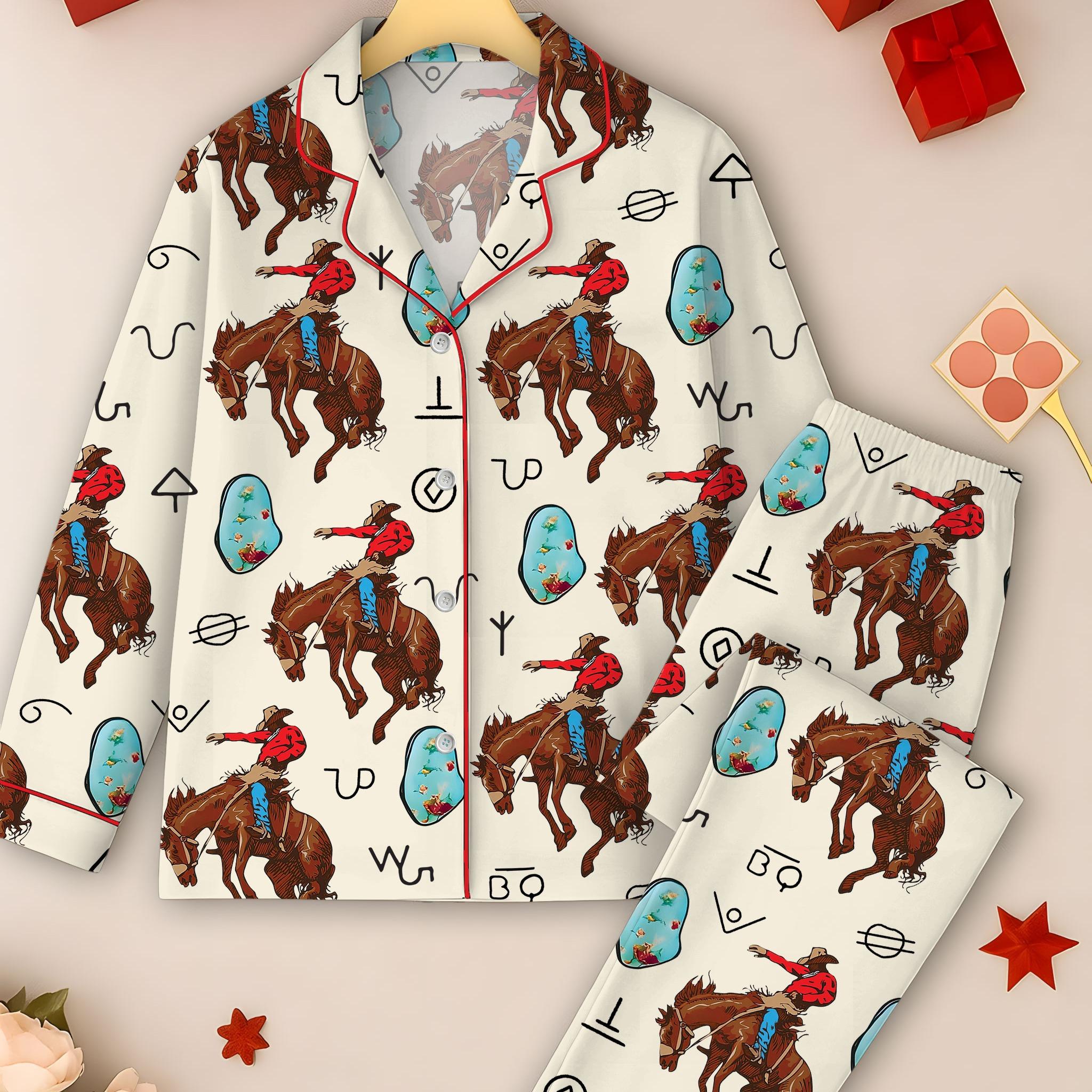 Women s Western Cowboy Cowgirl Horse Riding Pajama Set - Long Sleeve Comfort for Equestrian Style Satin Sleepwear