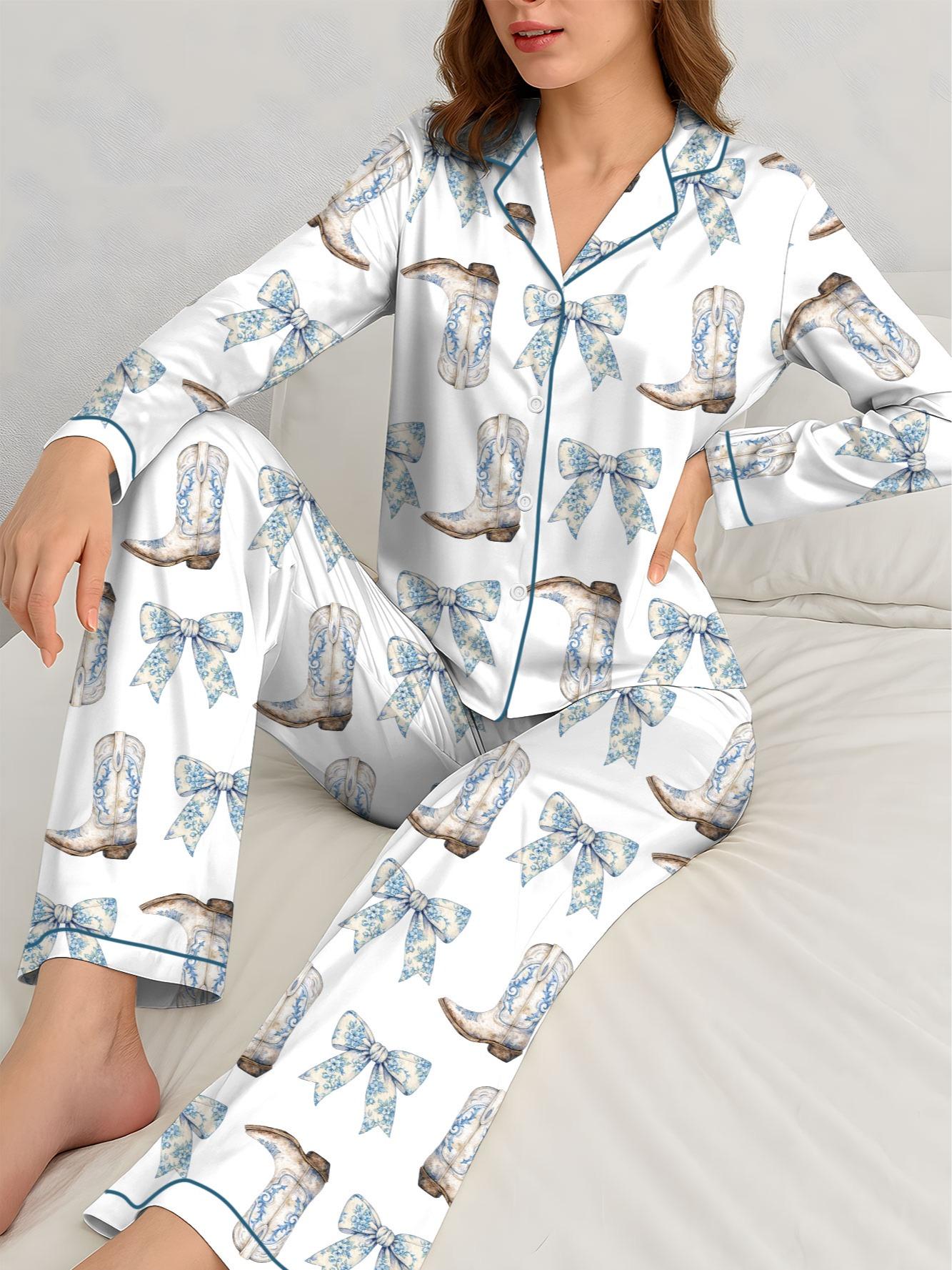 Coquette Blue Bow And Boots Cowgirl Short Sleeve Satin Pajama Set, Cowboy Boots Pajamas Shirt, Holiday Party Pajama Gift Family Women Men