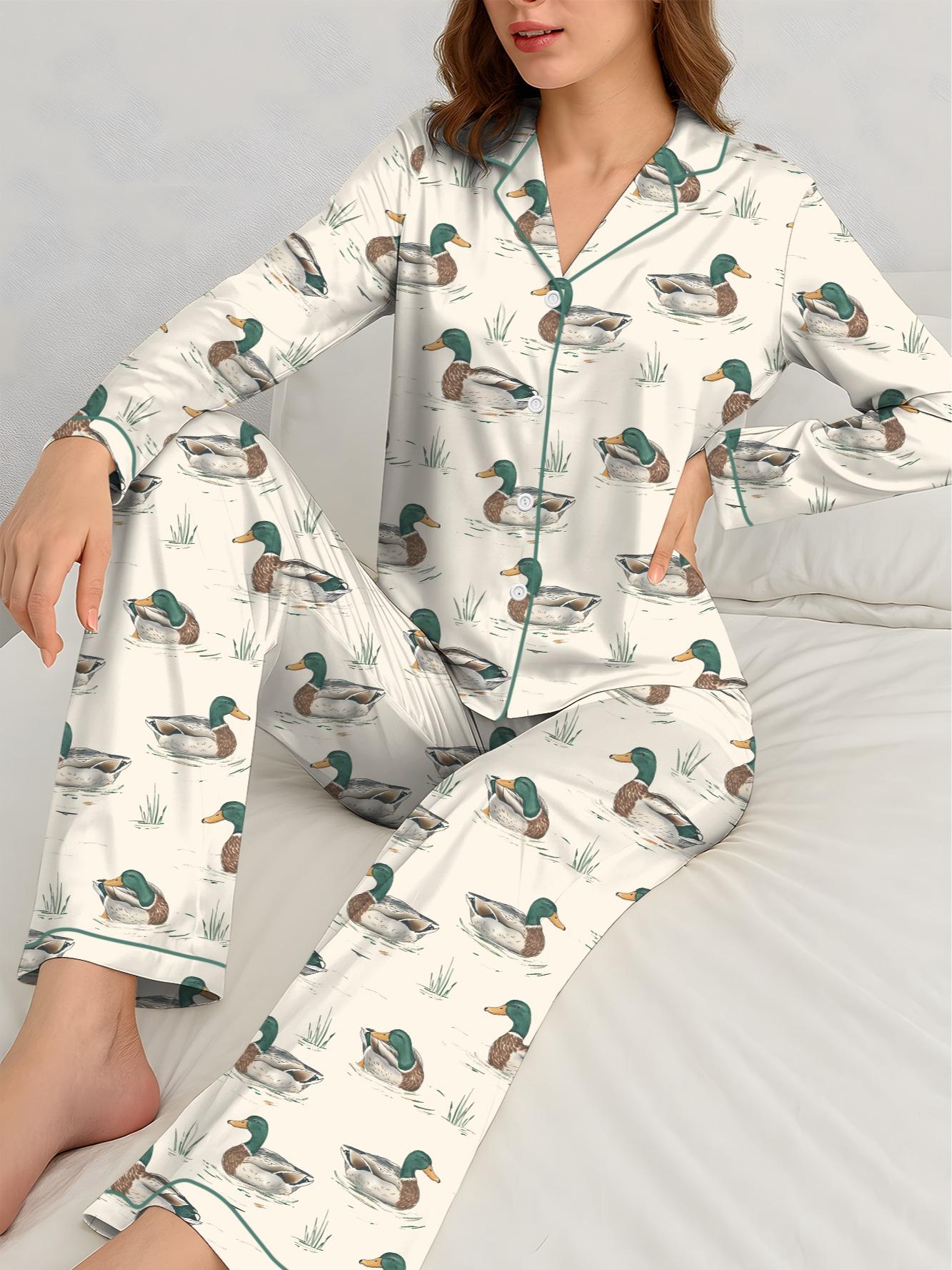 Watercolor Mallard Duck Duck Hunting Satin Pajama Set, Fun & Stylish Mallard Duck Sleepwear, Unique PJs with Design, Pajama Gift For Her