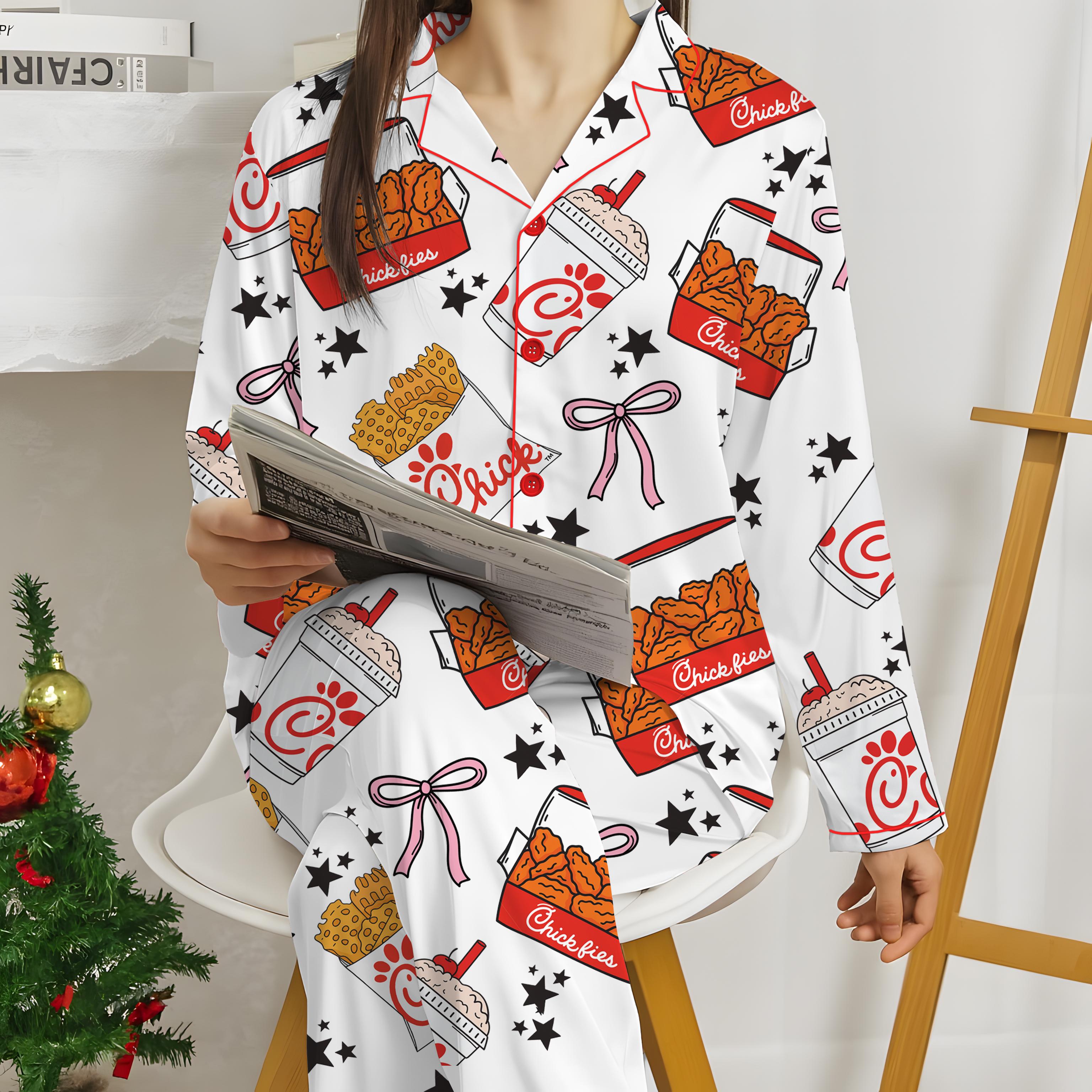 Chicken Nuggets Coquette Satin Pajamas for Women ,Funny Cute Chicken Sleepwear, Comfy Satin Lounge Set for Holiday Gift