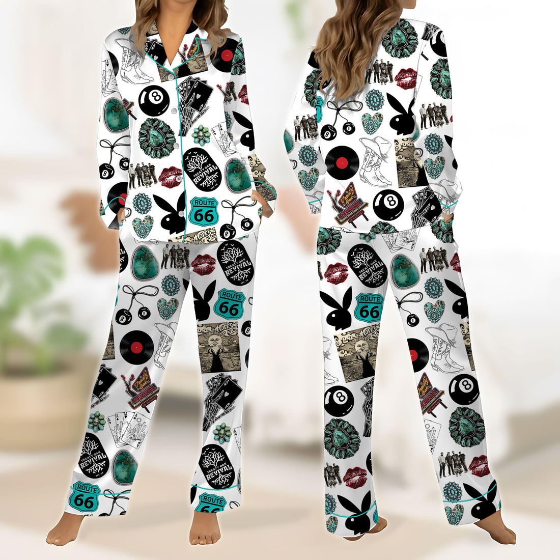 Cowgirl Cowboy Western Satin Pajama Set, Route 66 Rodeo Cowgirl PJs, Vintage Western Cow Boy Sleepwear, Country Western Loungewear, Turquoise Western Print Pajamas, Retro Americana Nightwear Gift for Her Him