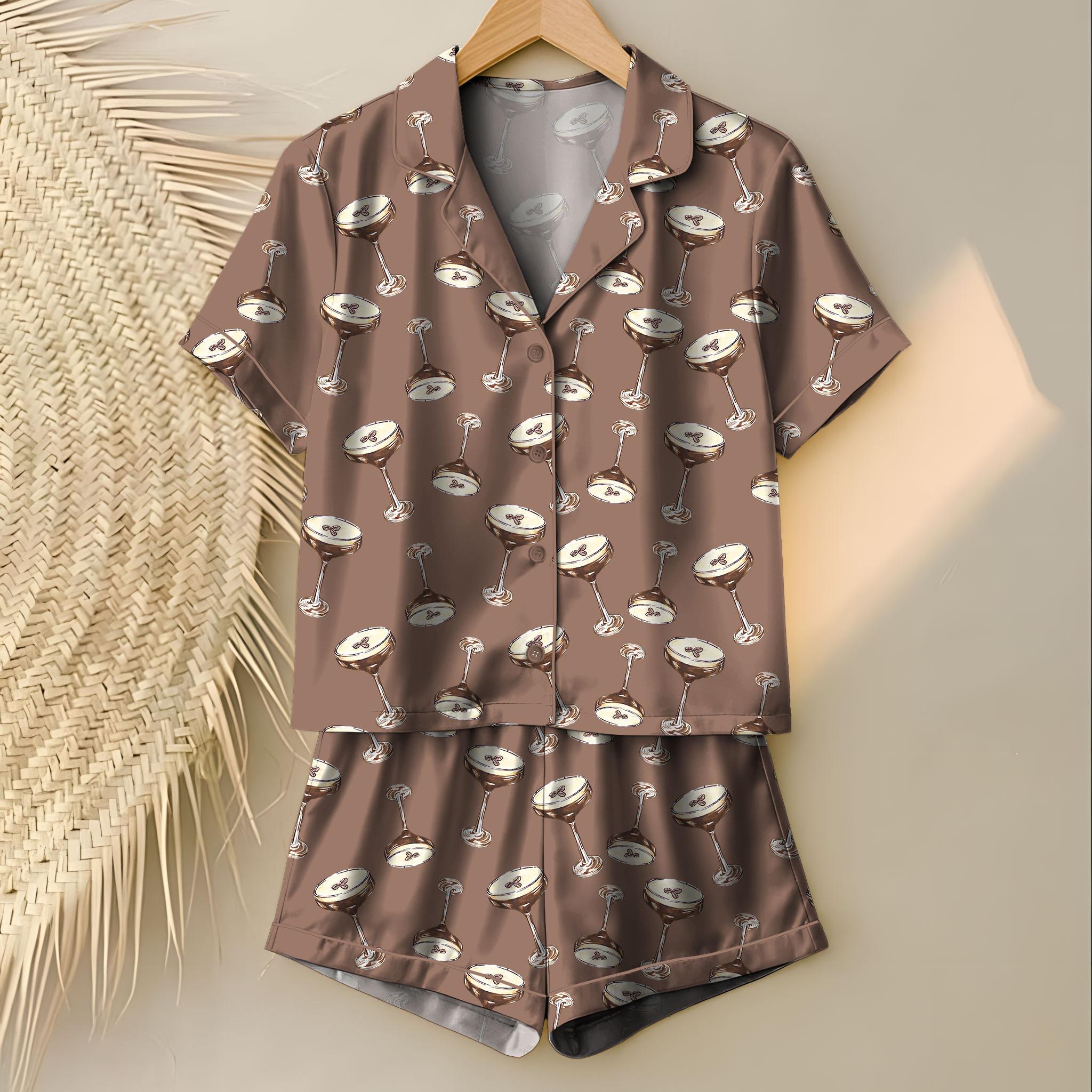 Espresso Martini Wedding Drink Coffee Pajama Set, Satin Printed Pajama Set, Silky Unisex Sleepwear with Fun Prints, Short & Long Option