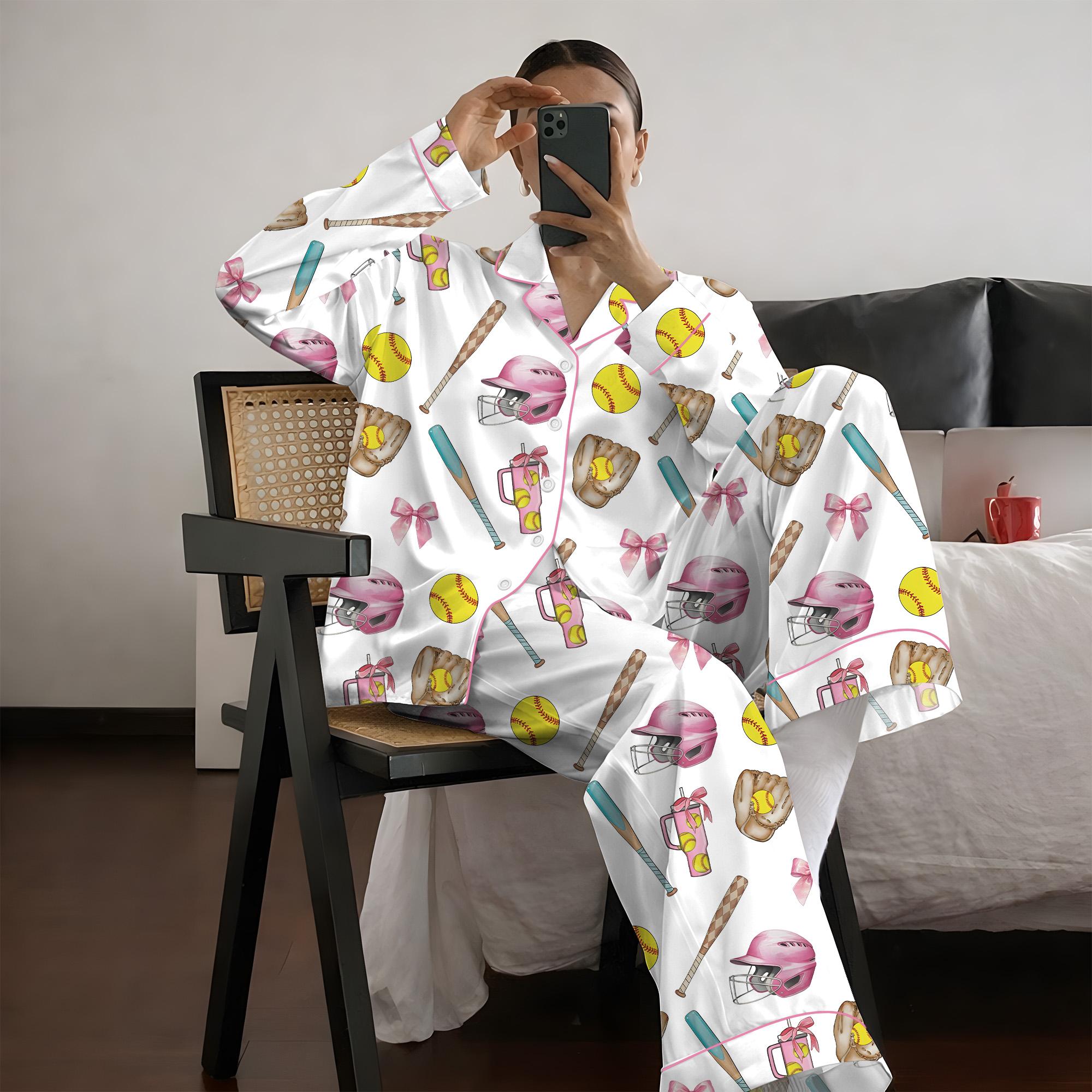 Softball Satin Pajamas Set, Women's White Satin Pajama Set – Softball Print Sleepwear, Sporty Summer Loungewear