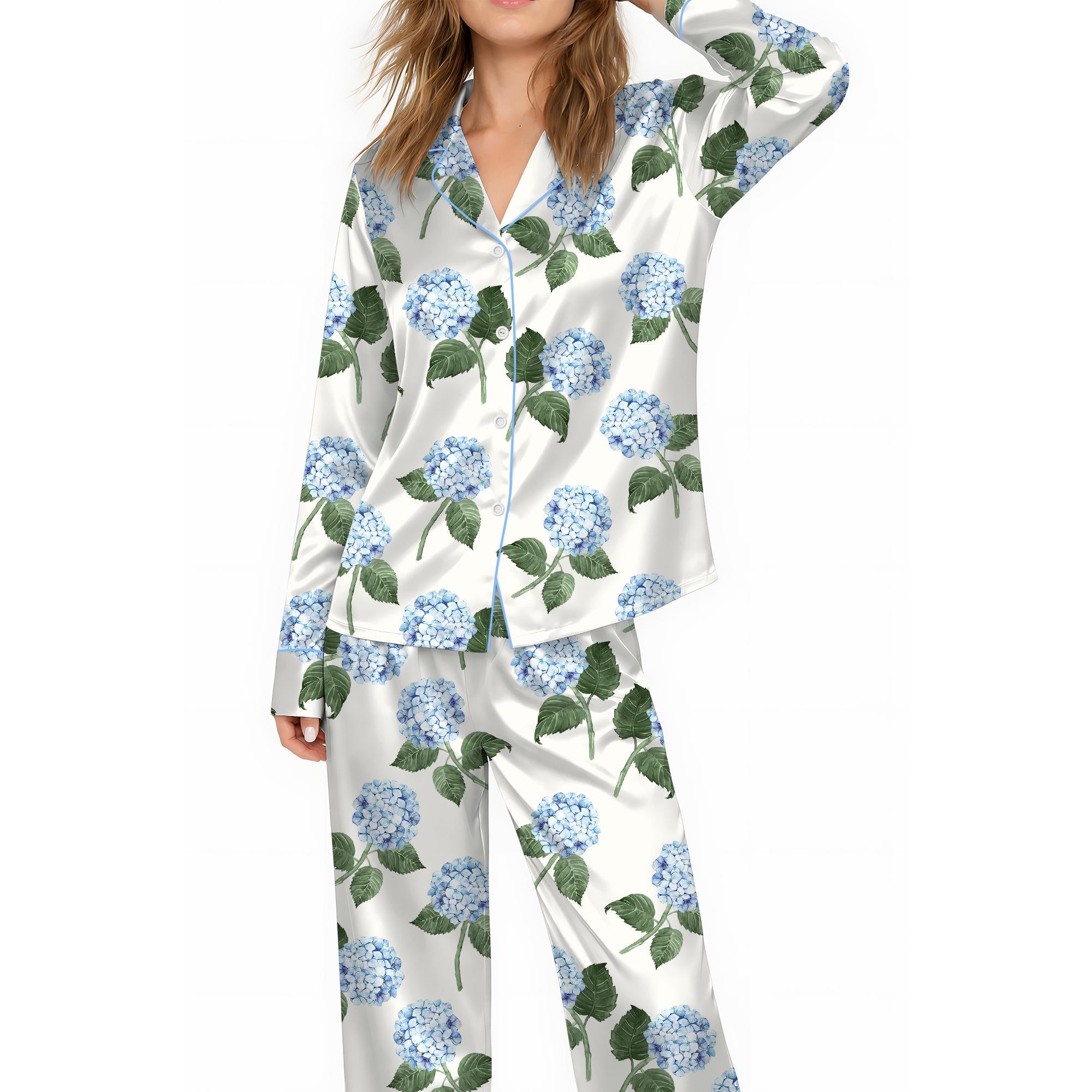 Women’s Hydrangea Bloom Blue Hydrangea Watercolor Flower Short Sleeve Satin Pajama Set, Long Sleeve Satin Pajama Set