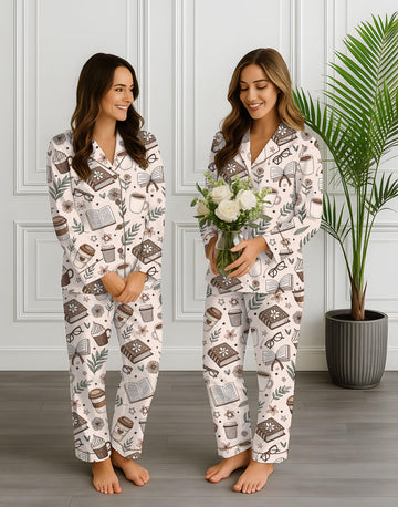 Women’s Coffee & Book Print Pajama Set Short Sleeve Button Down V-Neck Sleepwear