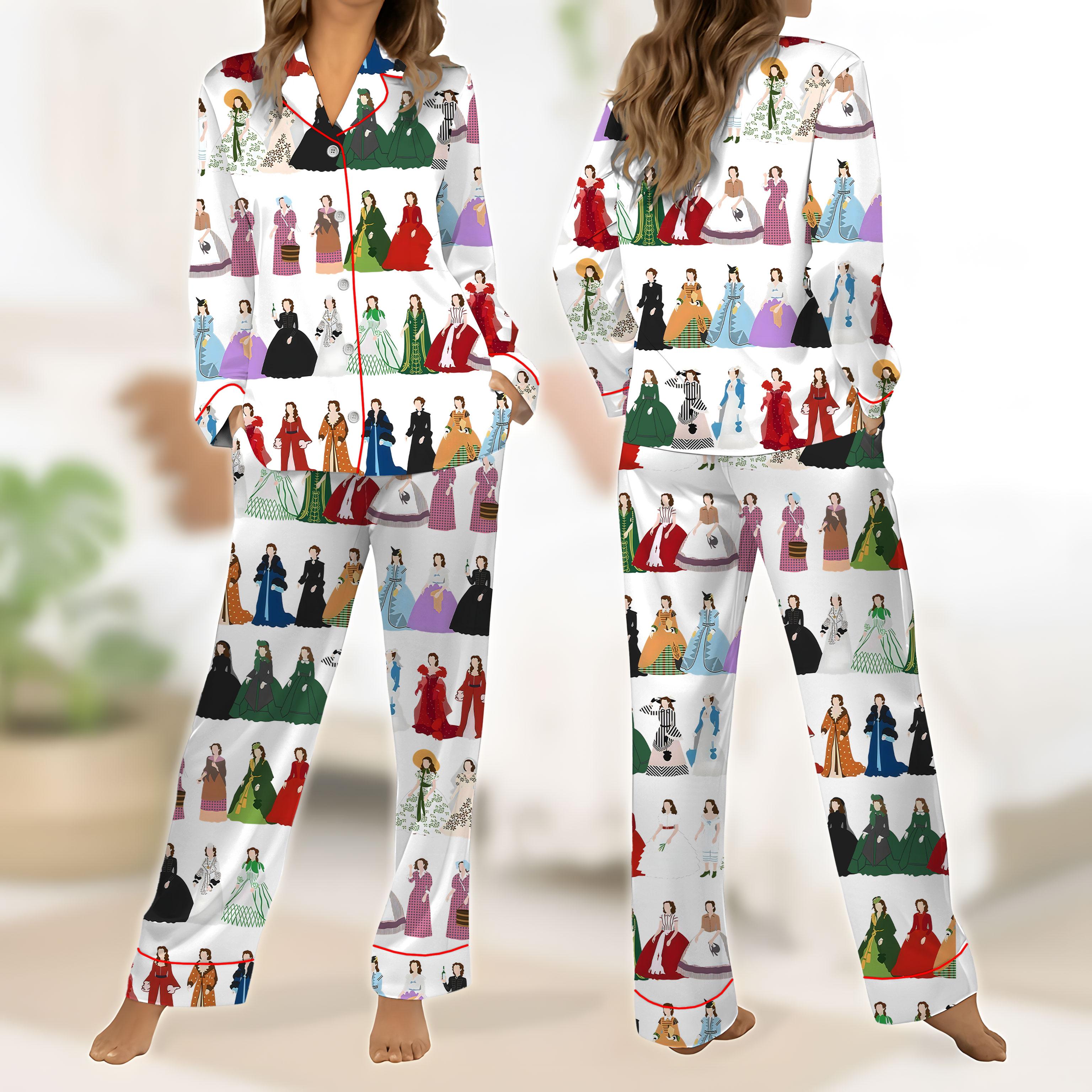 Scarlett O'Hara Dress Print Pajama Set, Vintage Gone With the Wind Sleepwear, Long Sleeve Satin PJs, Classic Movie Fan Gift