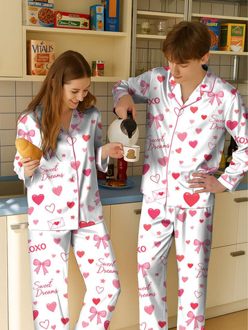 Valentine Heart Satin Pajama Set, Pink XOXO Button Up Sleepwear, Romantic Cozy PJs Gift for Her