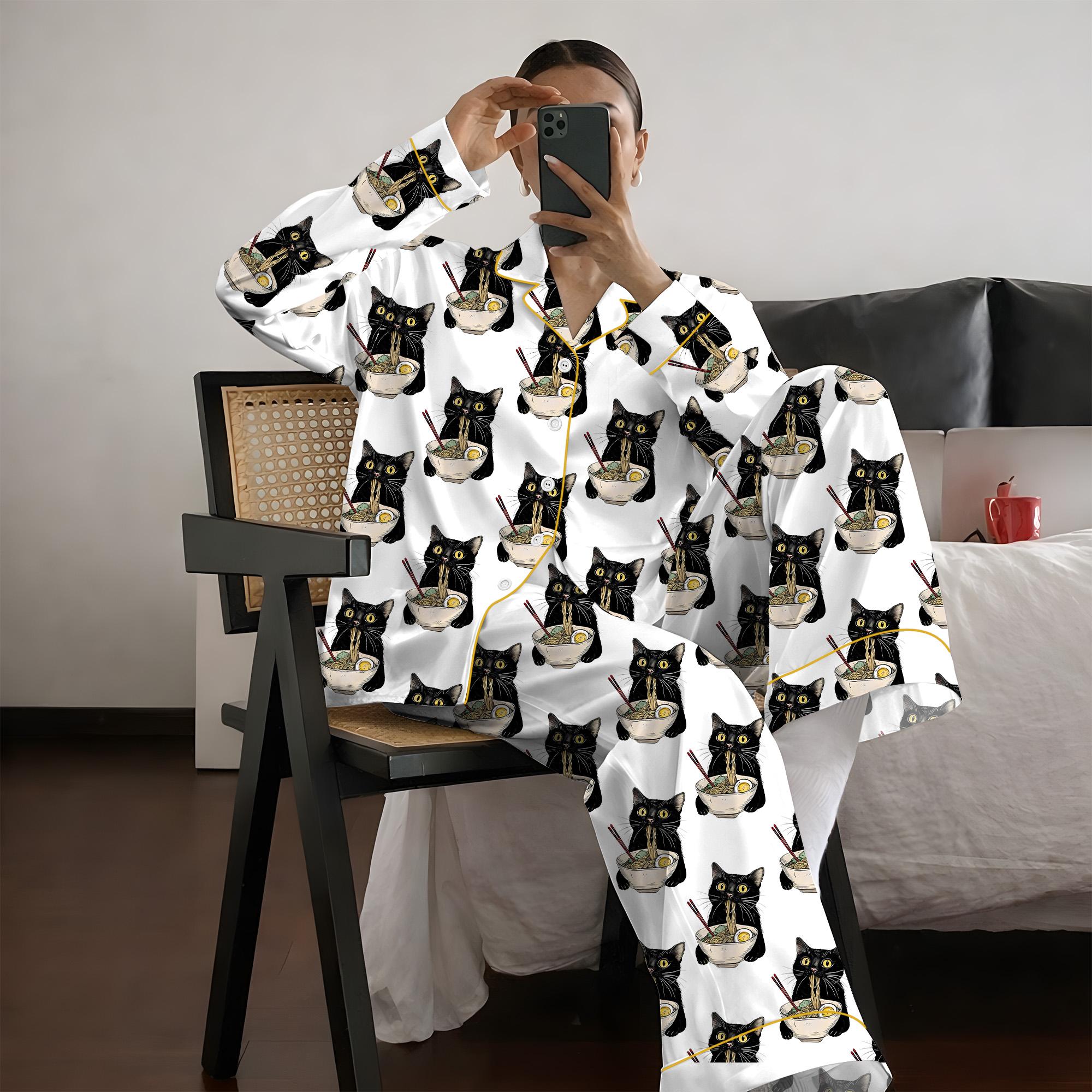 Women's Noodle Cat Satin Pajama Set, Sleepwear, Cute Funny Noodle Cat Print PJs, Kawaii Summer Lounge Set for Her