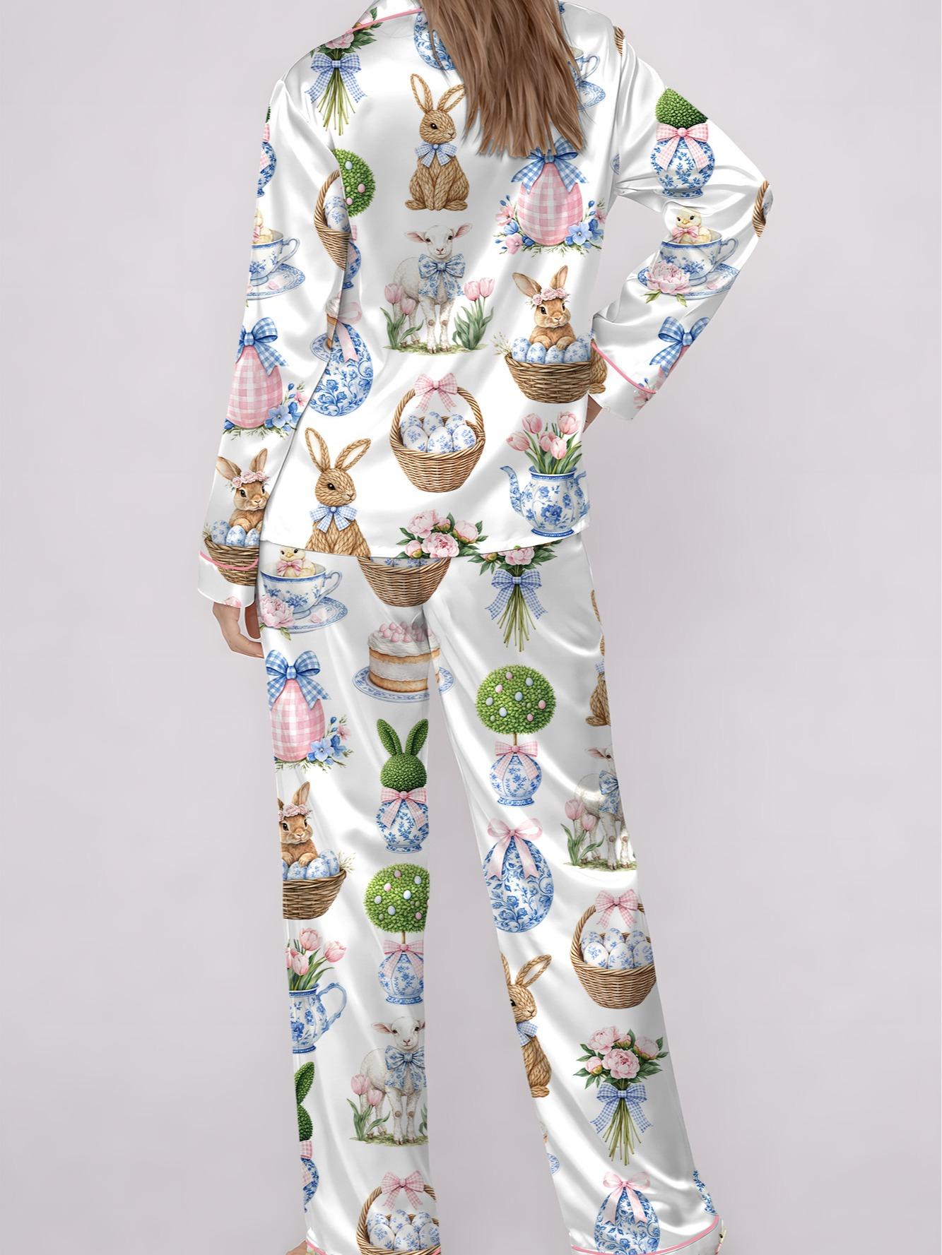 Women's Coquette Easter Bunny Short Sleeve Satin Pajama Set, Chinoiserie Easter Sleepwear
