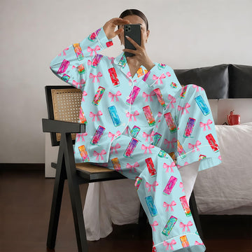 Energy Drink Satin Pajama Set for Women – Summer Drink Print Silky Button Up Sleepwear