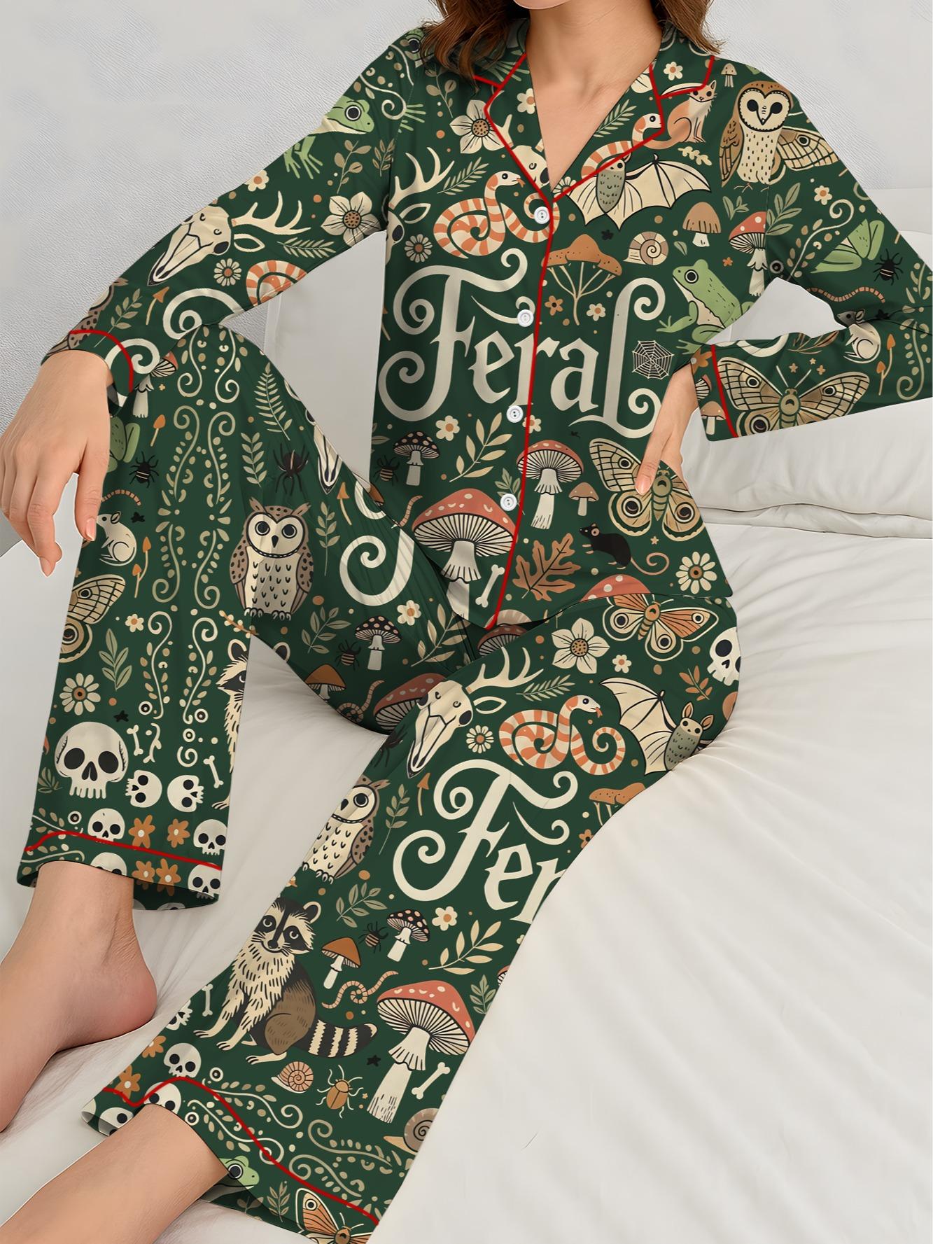 Feral Goblincore Cute Skeleton Moss & Raccoon Nature Lover Satin Pajama Set, Pajama Set Women’s Gifts For Her Feral Goblincore Meme Funny