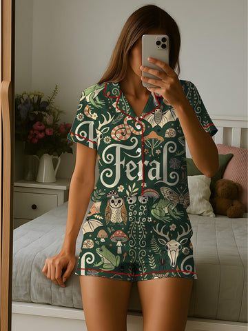 Feral Goblincore Cute Skeleton Moss & Raccoon Nature Lover Satin Pajama Set, Pajama Set Women’s Gifts For Her Feral Goblincore Meme Funny