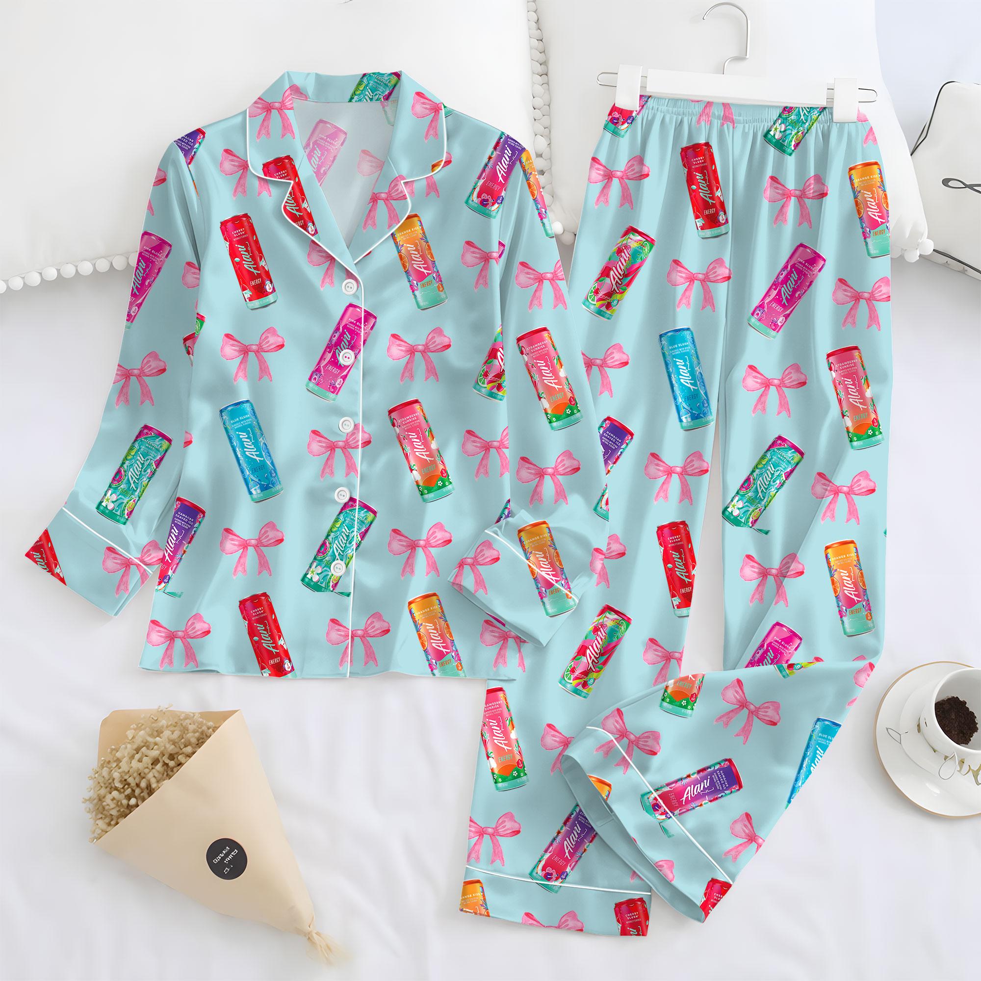 Energy Drink Satin Pajama Set for Women – Summer Drink Print Silky Button Up Sleepwear