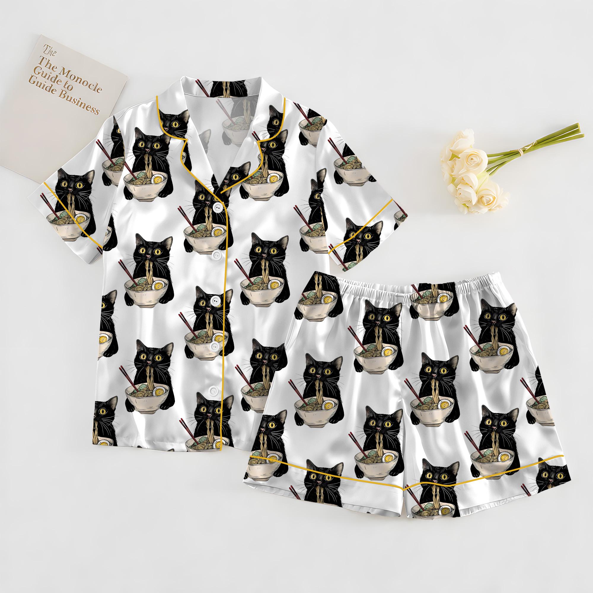 Women's Noodle Cat Satin Pajama Set, Sleepwear, Cute Funny Noodle Cat Print PJs, Kawaii Summer Lounge Set for Her