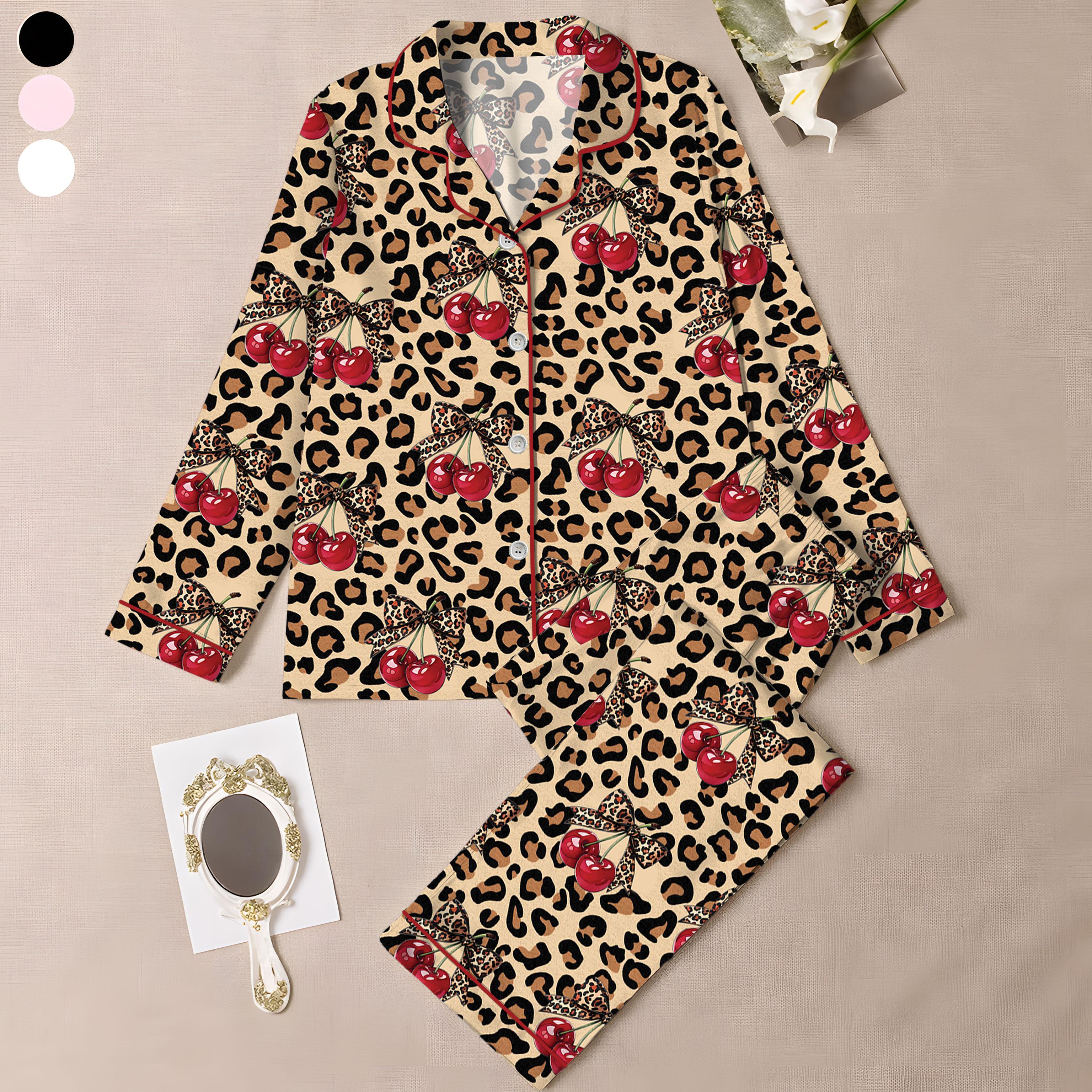 Pajamas Set For Women's Leopard Print Drop Shoulder Top & Drawstring Pants Pyjama Set, Soft Casual Comfortable Long Sleeve Top & Pocket Trousers Pj Set