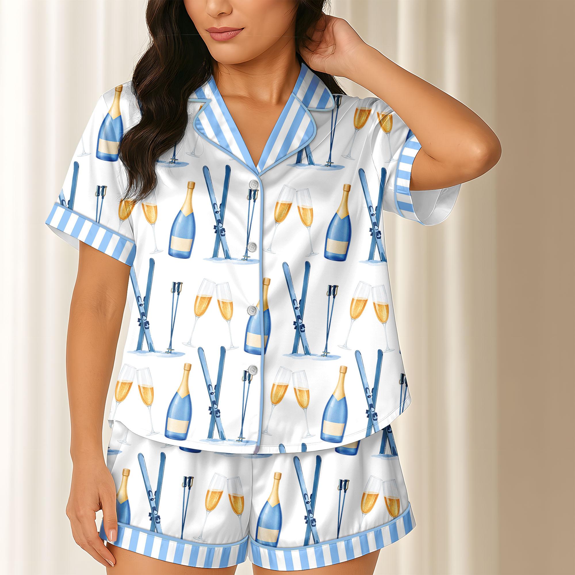 Apres Ski Champagne Pattern Satin Pajama Set For Women Long Lounge Set Sleepwear, Pajamas Set For Women , Champagne And Bows Wedding Pajamas