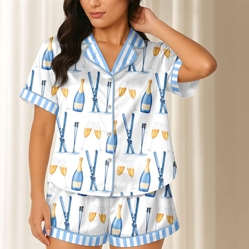 Apres Ski Champagne Pattern Satin Pajama Set For Women Long Lounge Set Sleepwear, Pajamas Set For Women , Champagne And Bows Wedding Pajamas
