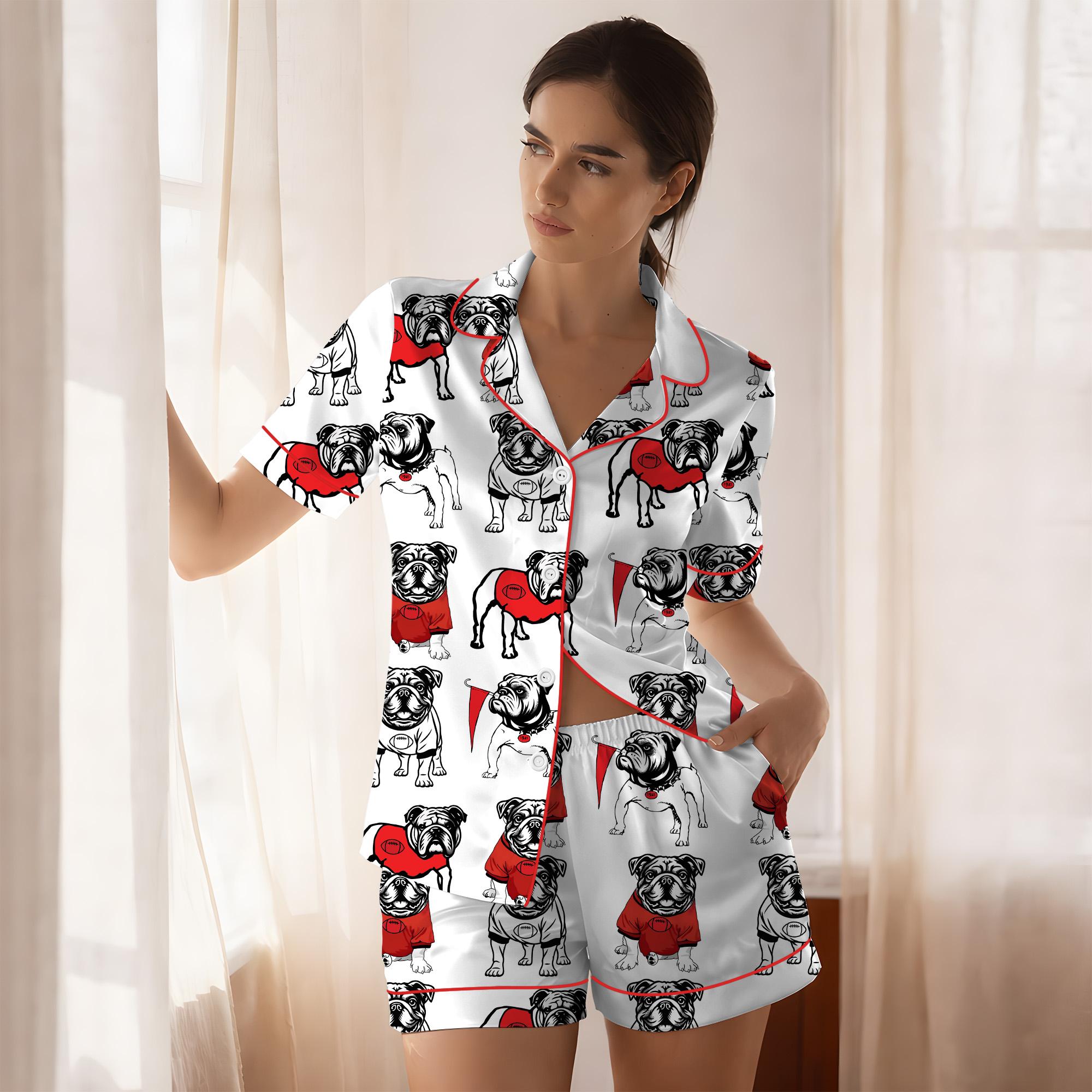 Bulldogs Football Satin Pajama Set, Pitbull Satin Pajamas Set, Women's Luxury Sleepwear